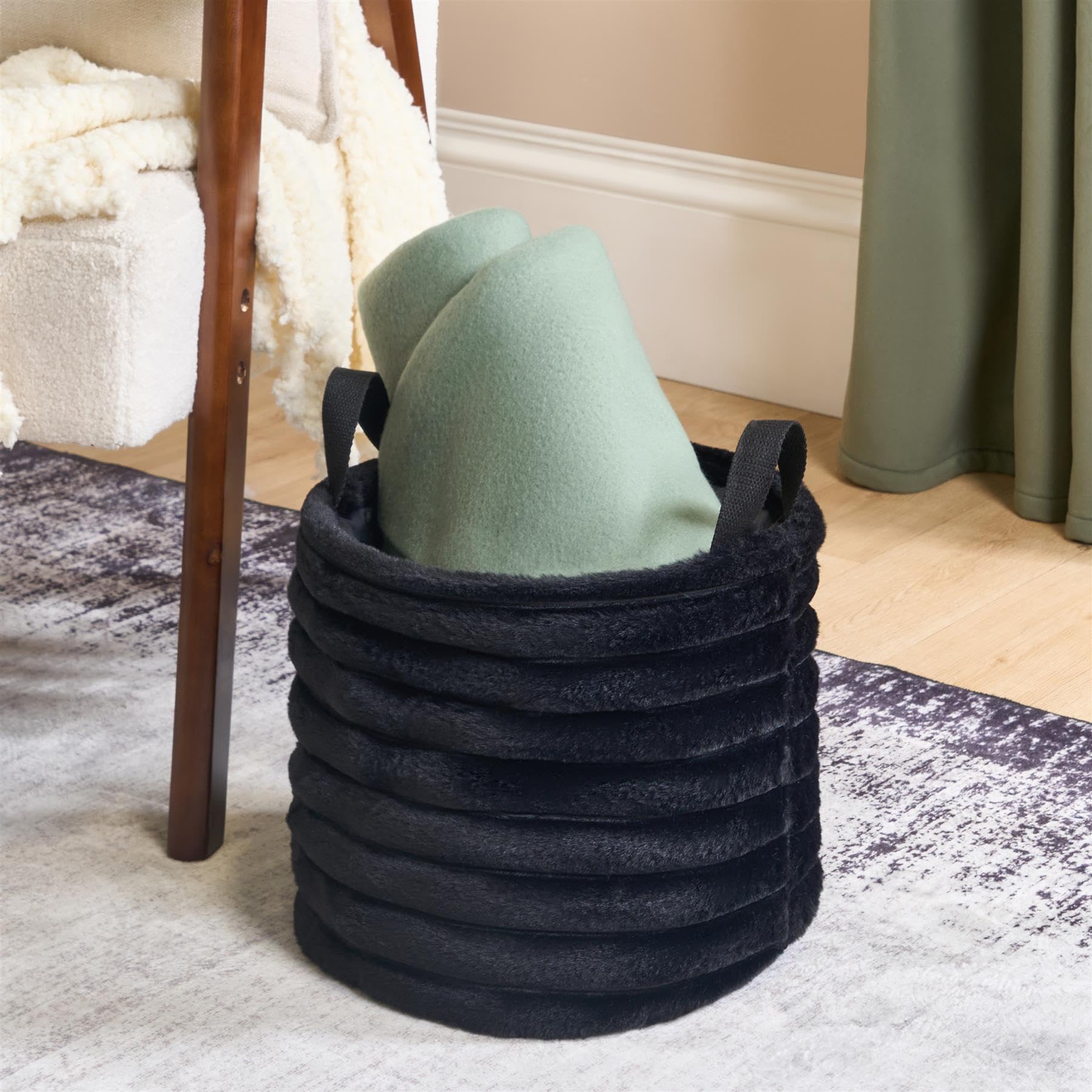 Ohs Black Small Storage Baskets With Handles, Faux Fur Ribbed Storage Box For Home Office Organizer Soft Compact Decorative Storage Basket For Toys Laundry Blankets,