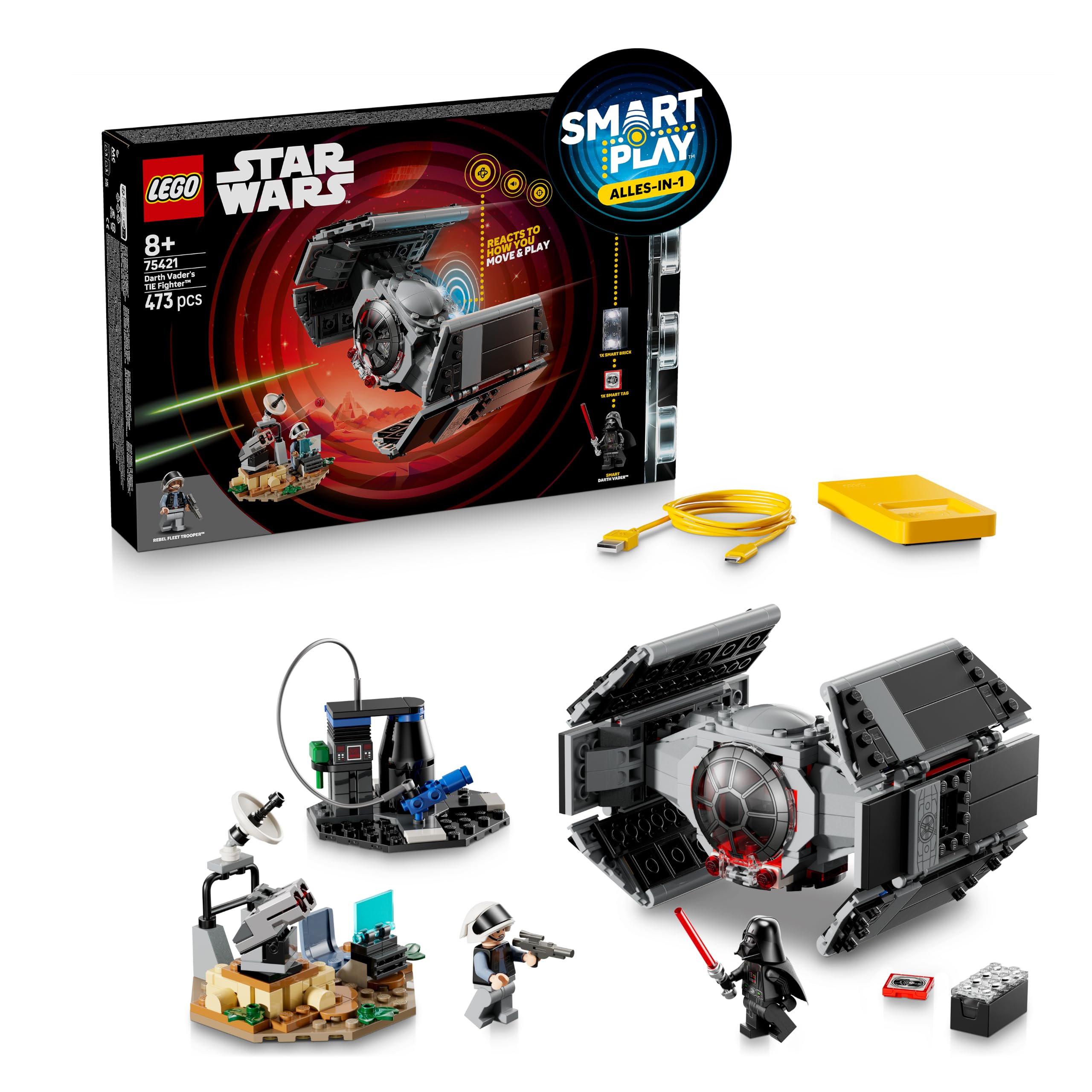 LEGO Star Wars 75421 SMART Play: Darth Vaders TIE Fighter - Interaktives All-in-1 Spielset mit SMART Brick, Tag, Minifigur & Ladegerät - Geschenk für Jungen, Mädchen ab 8 Jahren und Erwachsene Fans