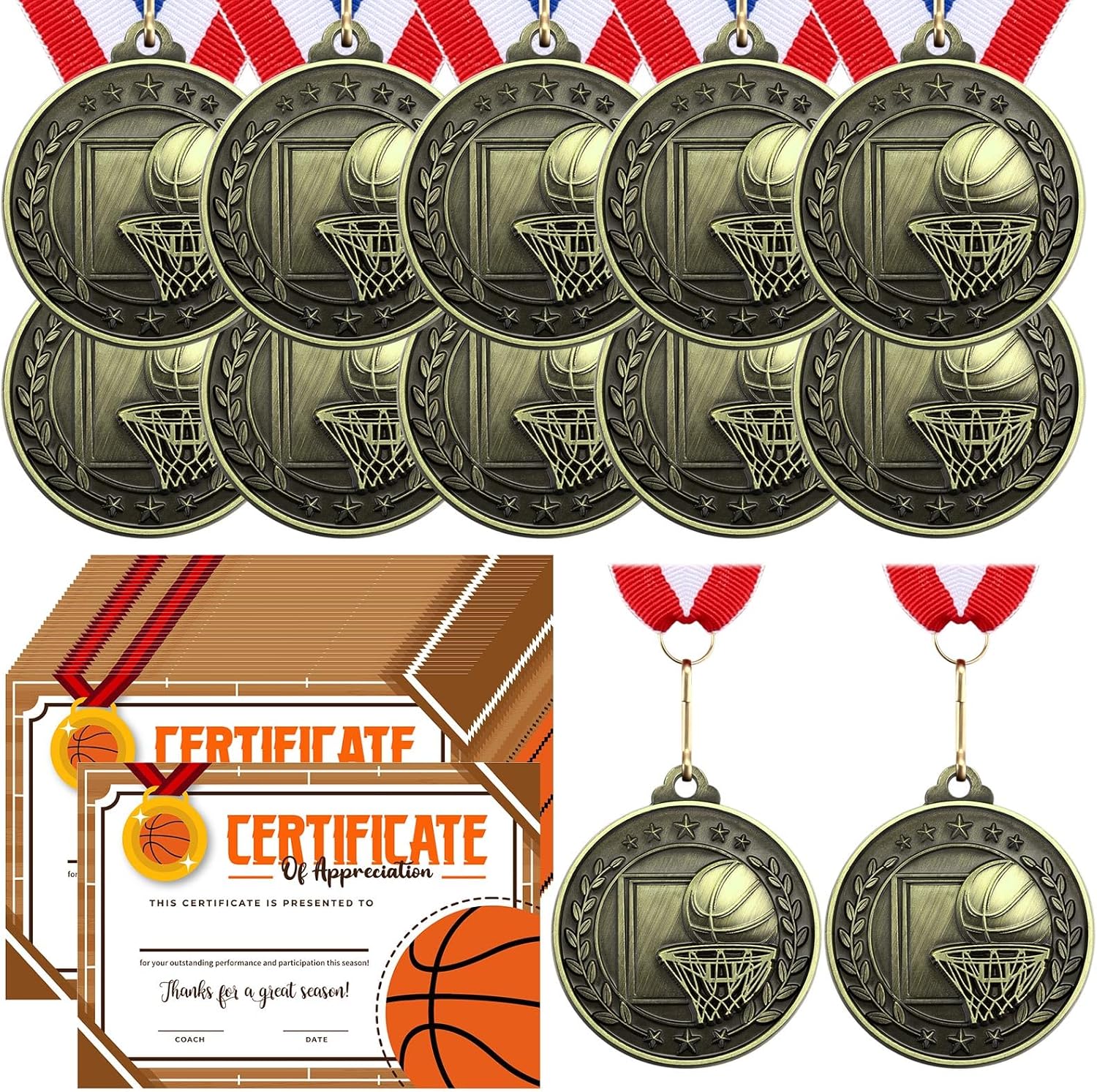 12 Pcs Award Medals with 12 Pcs Achievement Award Certificates Team Participation Medals Certificates Party Favors for Team Competitions Trophy Prize
