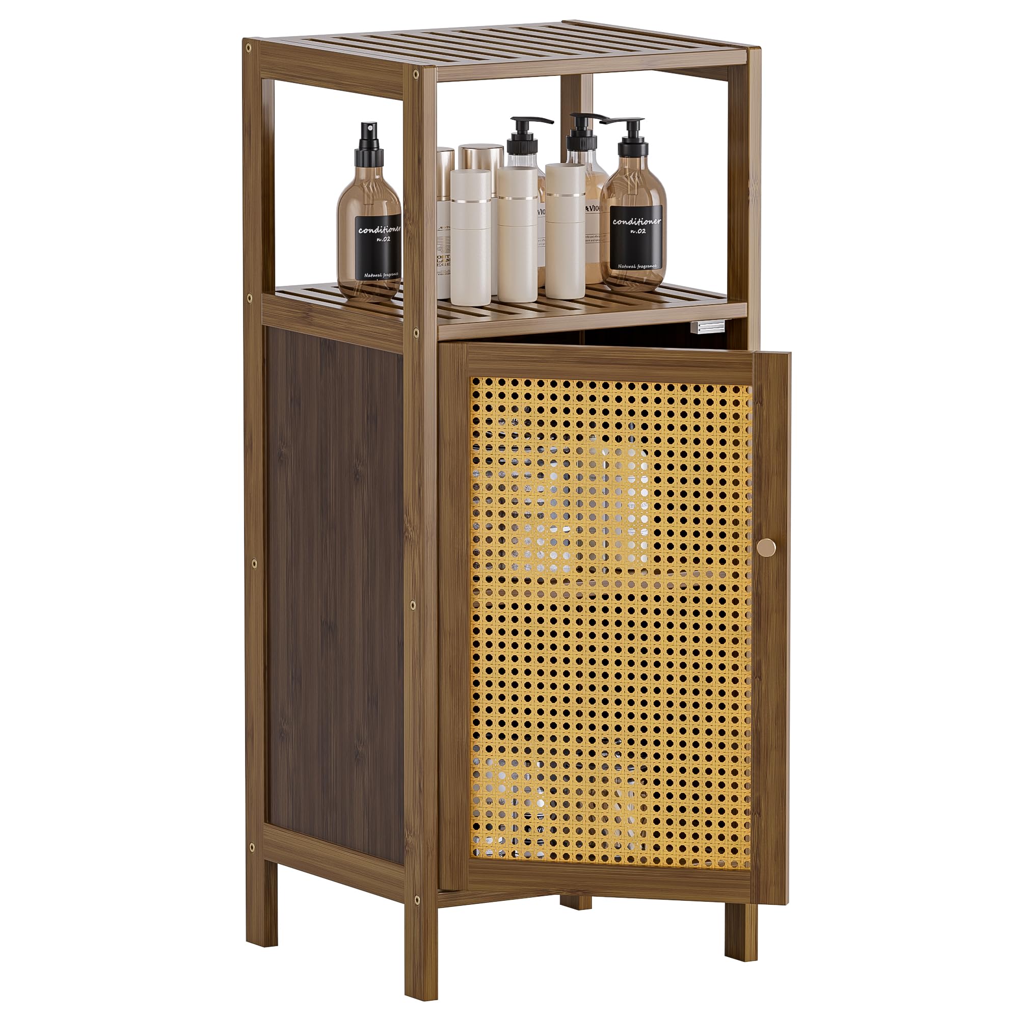 HITNET Rattan Bathroom Floor Cabinet, Bamboo Storage Cupboard with Single Door, Freestanding Small Living Room Sideboard, Space Saving Entryway Storage Unit, Walnut-image-48