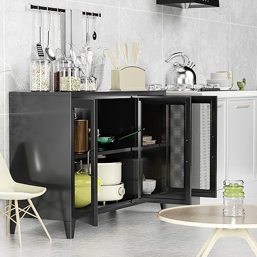 Miniatura 5 de LISSIMO Armario de almacenamiento de metal con 3 puertas de malla, armario de cocina independiente de 47 pulgadas de ancho, organizador de
