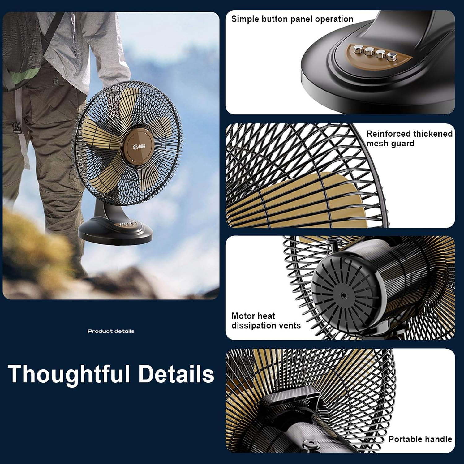 12/16in Solar Rechargeable Fan，Desk Fan, Standing Fans, Portable Fan For Travel 3 Speeds 5 Fan Blades, Built-in 12 Batteries，Solar Panel，Indoor/Outdoor, Bedroom, Camping(12in)