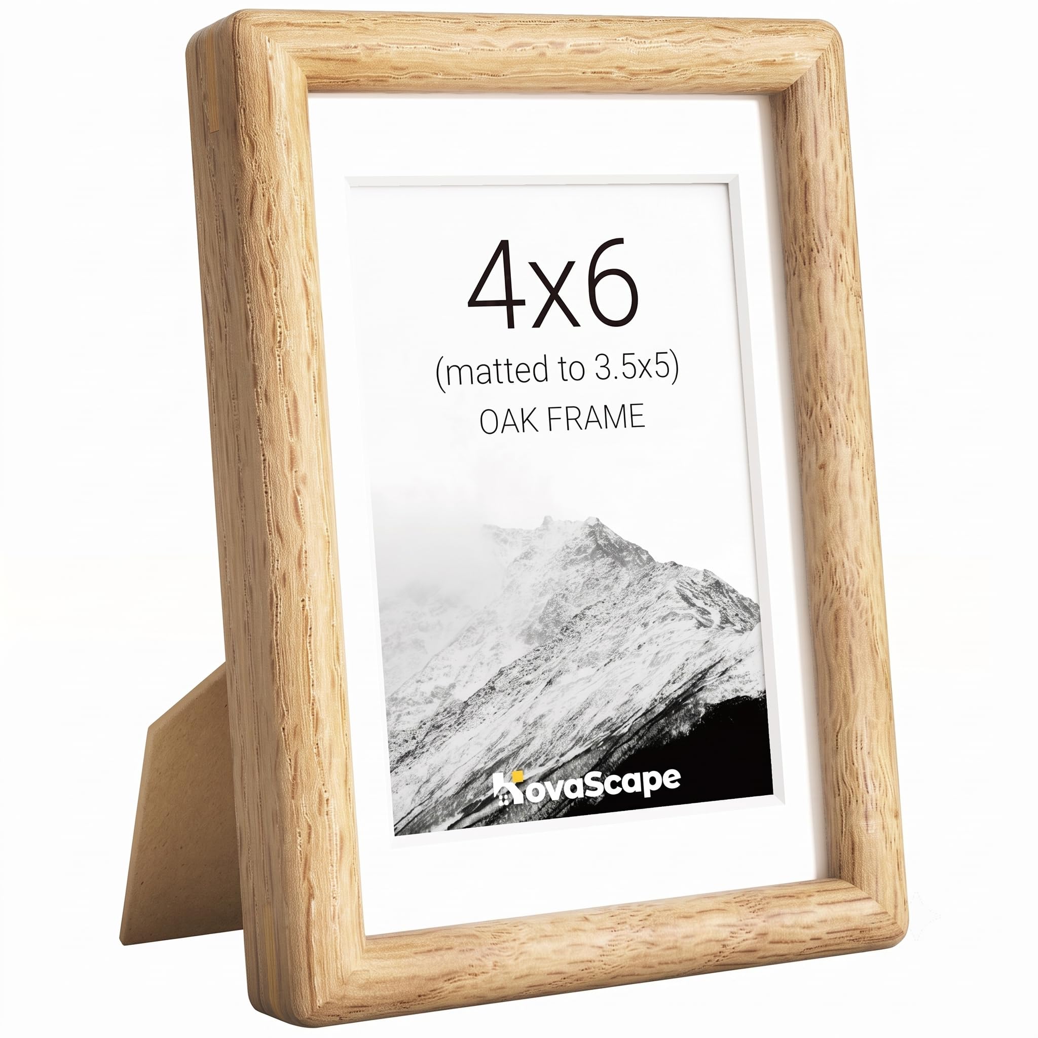 KovaScape 4x6 Picture Frame, Solid Oak Wood Photo Frame with Tempered Real Glass, Includes White Mount for 3.5x5 Photo, Rounded Corner Design, For Wall Hanging or Tabletop Display