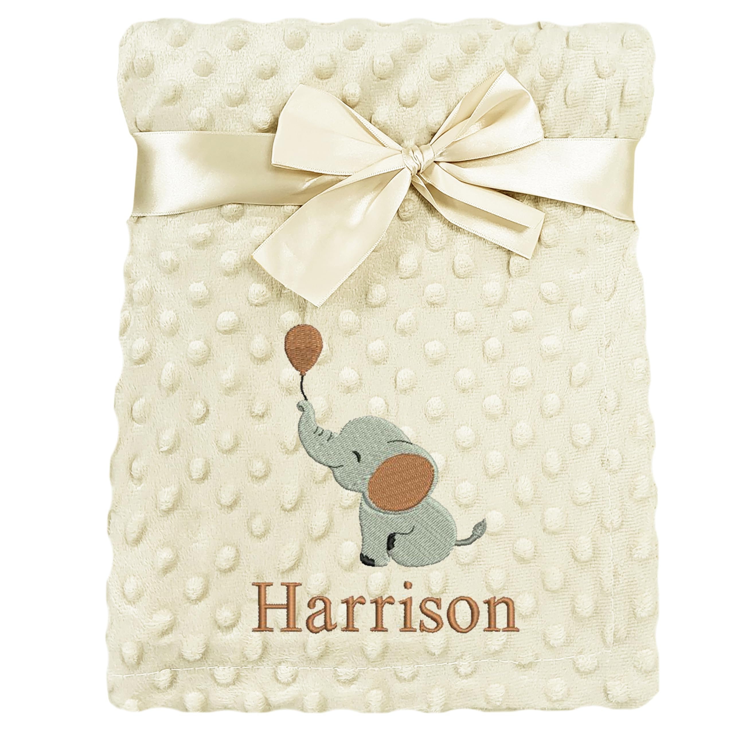 JJLC Personalised Baby Bobble Blanket Embroidered Elephant & Name Soft Fleece Wrap Boys Girls (Beige Bobble)
