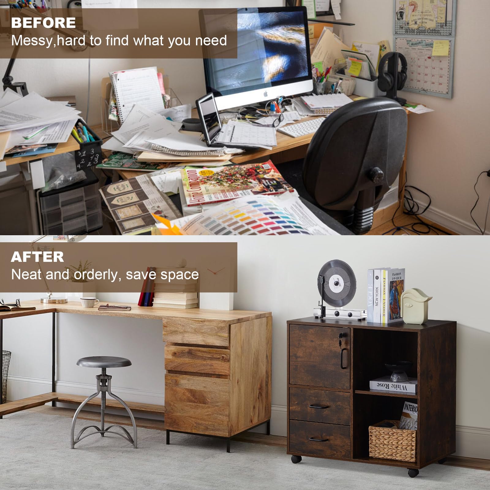 TUKAILAi Caisson de Bureau à 3 Tiroirs, Support Imprimante Mobile avec roulettes, Armoires de Rangement avec Étagères Ouvertes pour Format A4 Style Industriel (Marron Rustique)