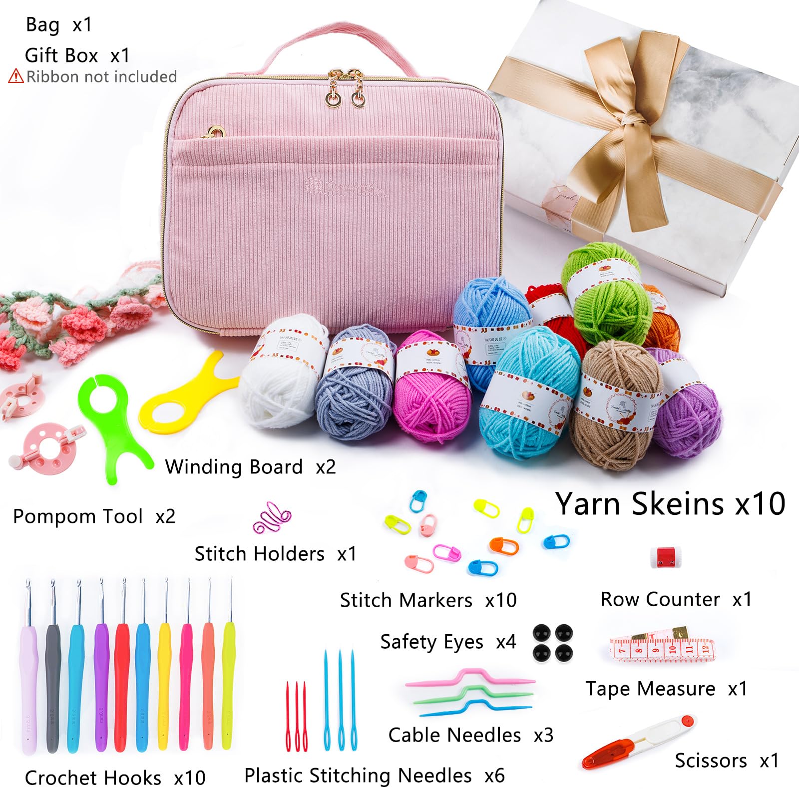 MYBAGZING Häkelset für Anfänger mit Garnaufbewahrungstasche, 10 Stück Häkelnadeln 2,0–6,0 mm, 10 Knäuel Garn zum Häkeln, Strickzubehör, 58-teiliges Häkel-Starter-Set für Erwachsene
