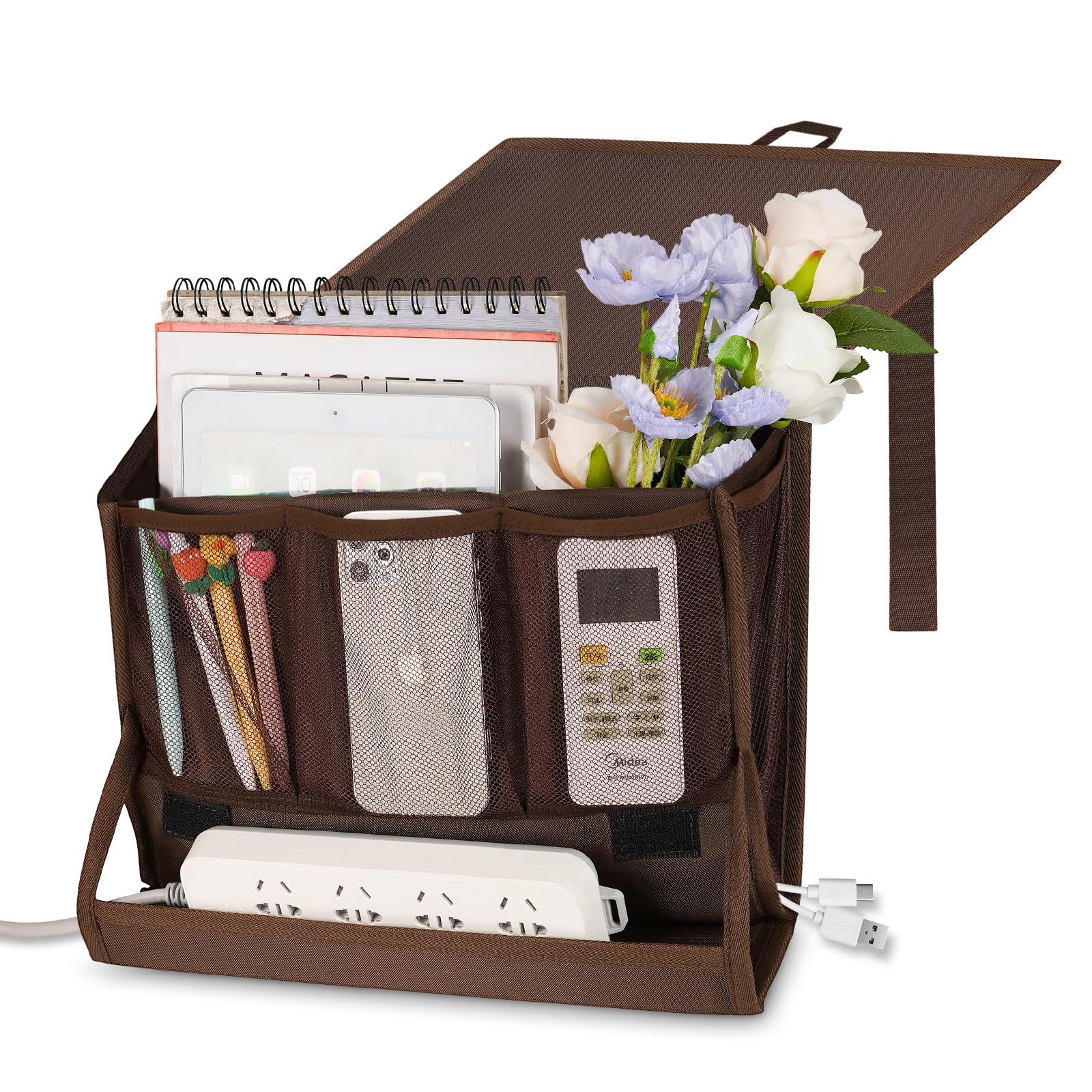 Retyion Bedside Storage Organizer with Power Strip Holder and Adjustable Straps Bed Hanging Bag for Home Bunk Bed Dorm Sofa (Brown)