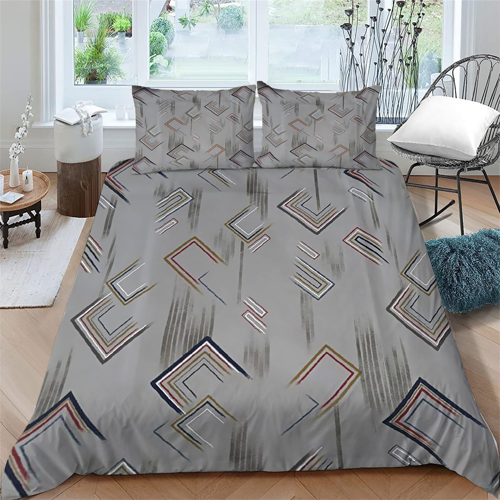 Copripiumino Matrimoniale 240x220 Stampe Geometriche Linee Grigie Biancheria da Letto Morbido Microfibra Copri Piumone e 2 Federe Abbinate, con Zip, Ipoallergenico HR2177