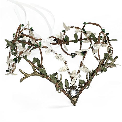 MOSTORY Green Woodland Elf Crown - Fairy Antler Crown Elf Forest Headpiece V-Shape Flower Circlet Leaf Headband for Women Medieval Ren Faire Renaissance Halloween Cosplay - White and Green