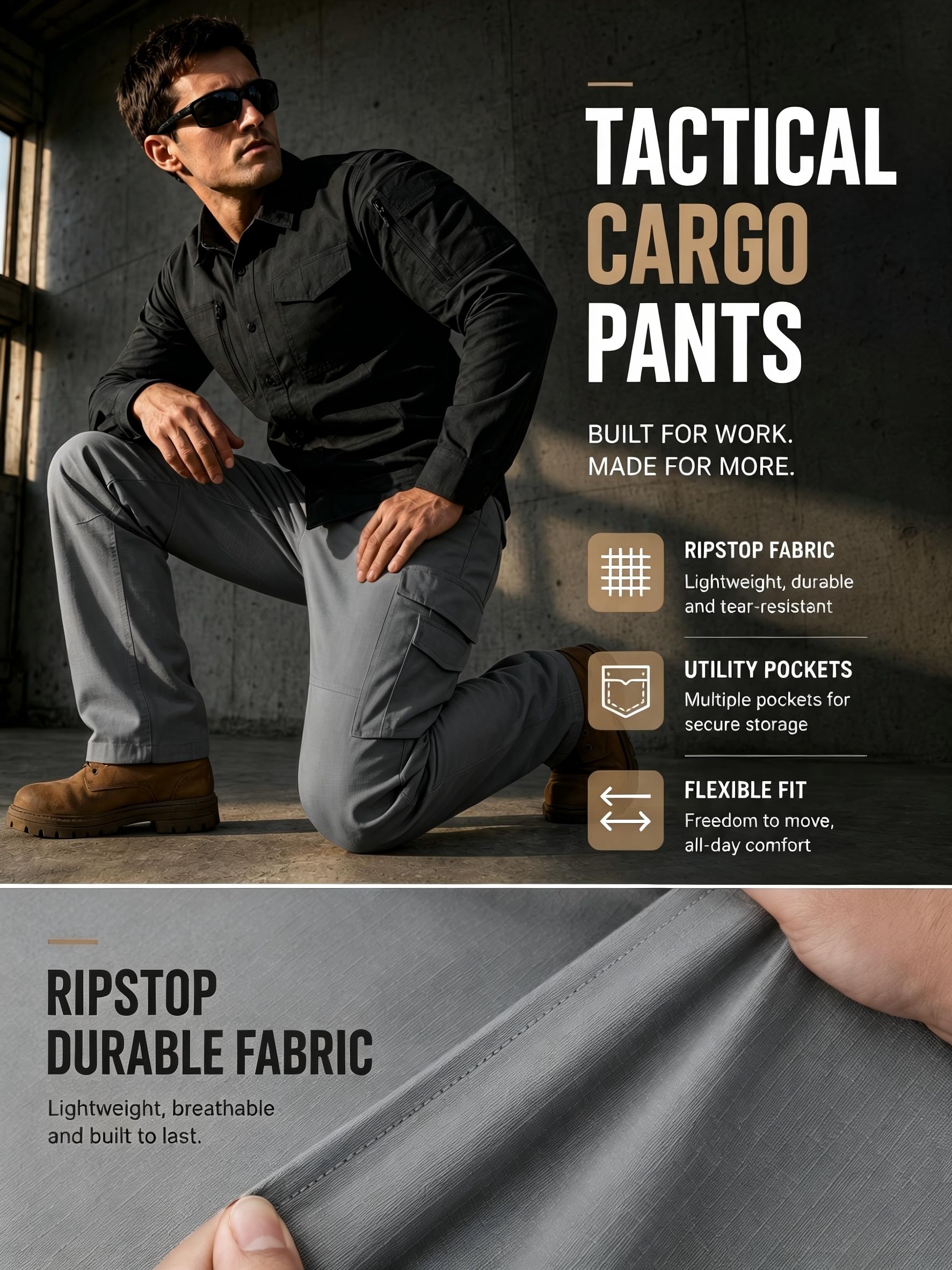 ZITY Pantalones Cargo Hombre Tácticos Ripstop Multibolsillos, Pantalones de Trabajo Outdoor Resistentes para Trekking y Senderismo