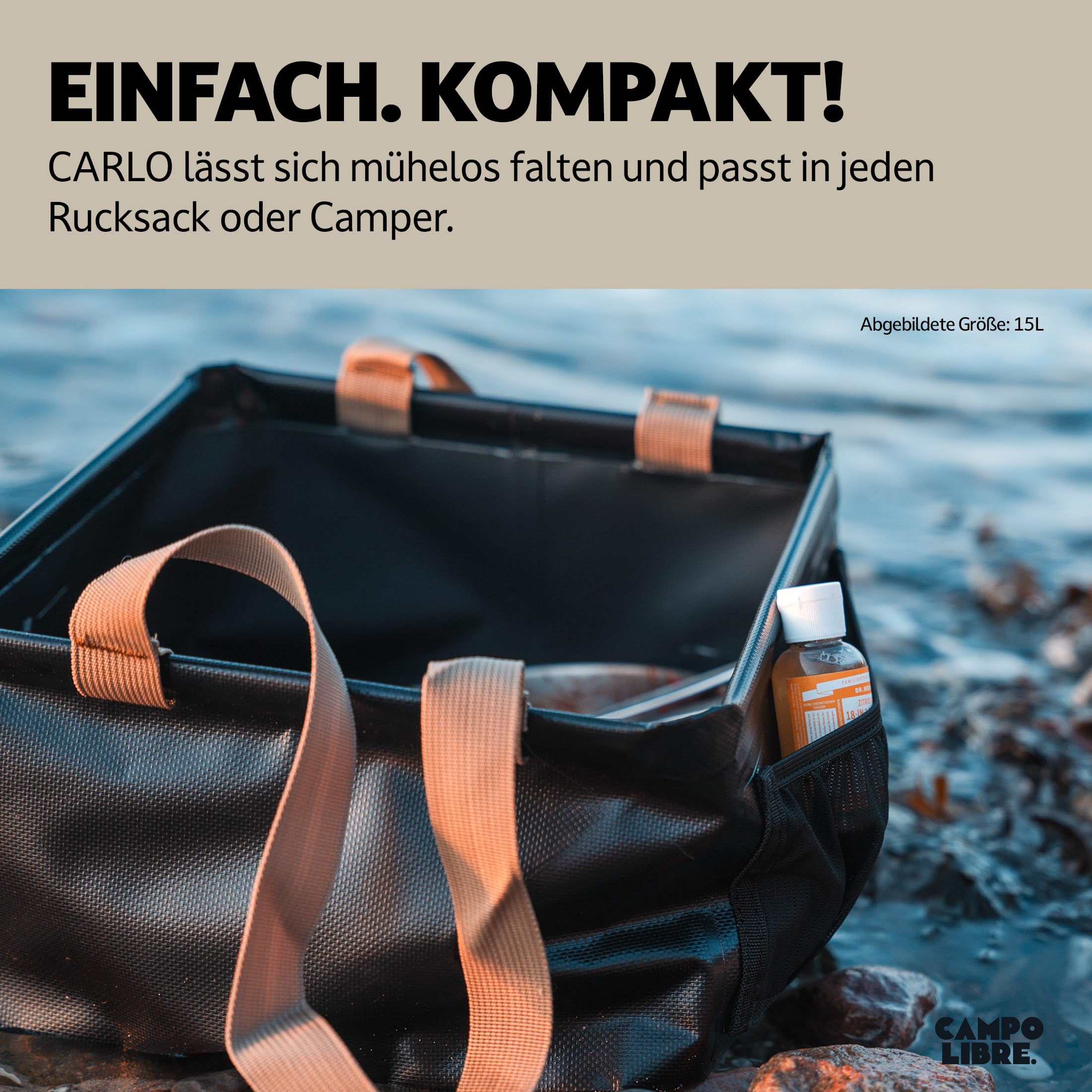 Campo Libre.® Carlo I Camping Spülschüssel I Faltbare Spülschüssel mit Langen Tragegriffen und Staufach I kompakt verstaubare Faltschüssel fürs Campinggeschirr I Waschschüssel für unterwegs I 15 Liter