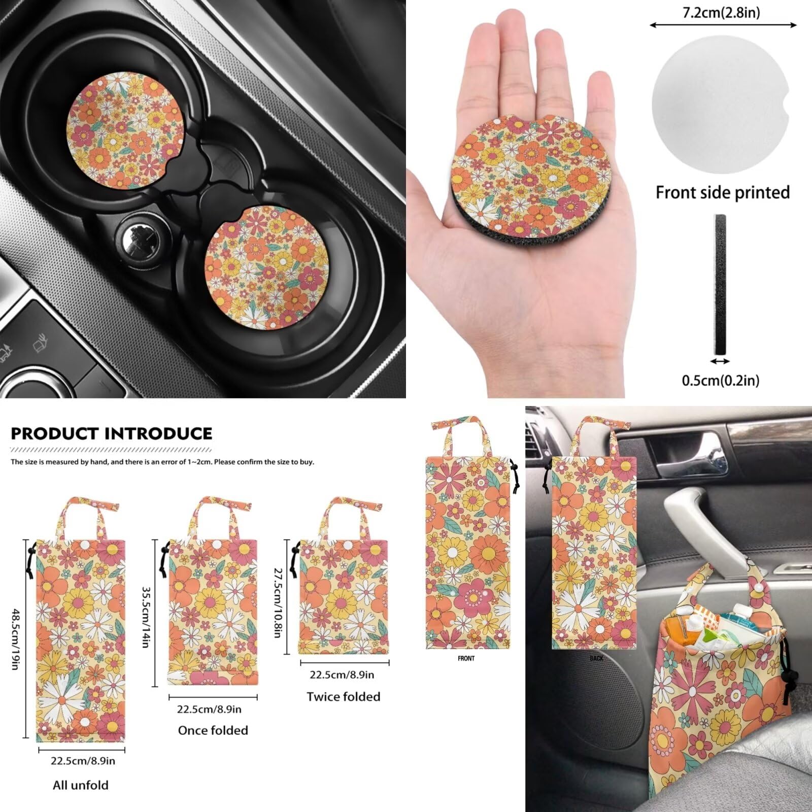 Ensemble complet de housses de siège et de volant de voiture pour femme avec coussins de ceinture moelleux, motif floral hippie années 70