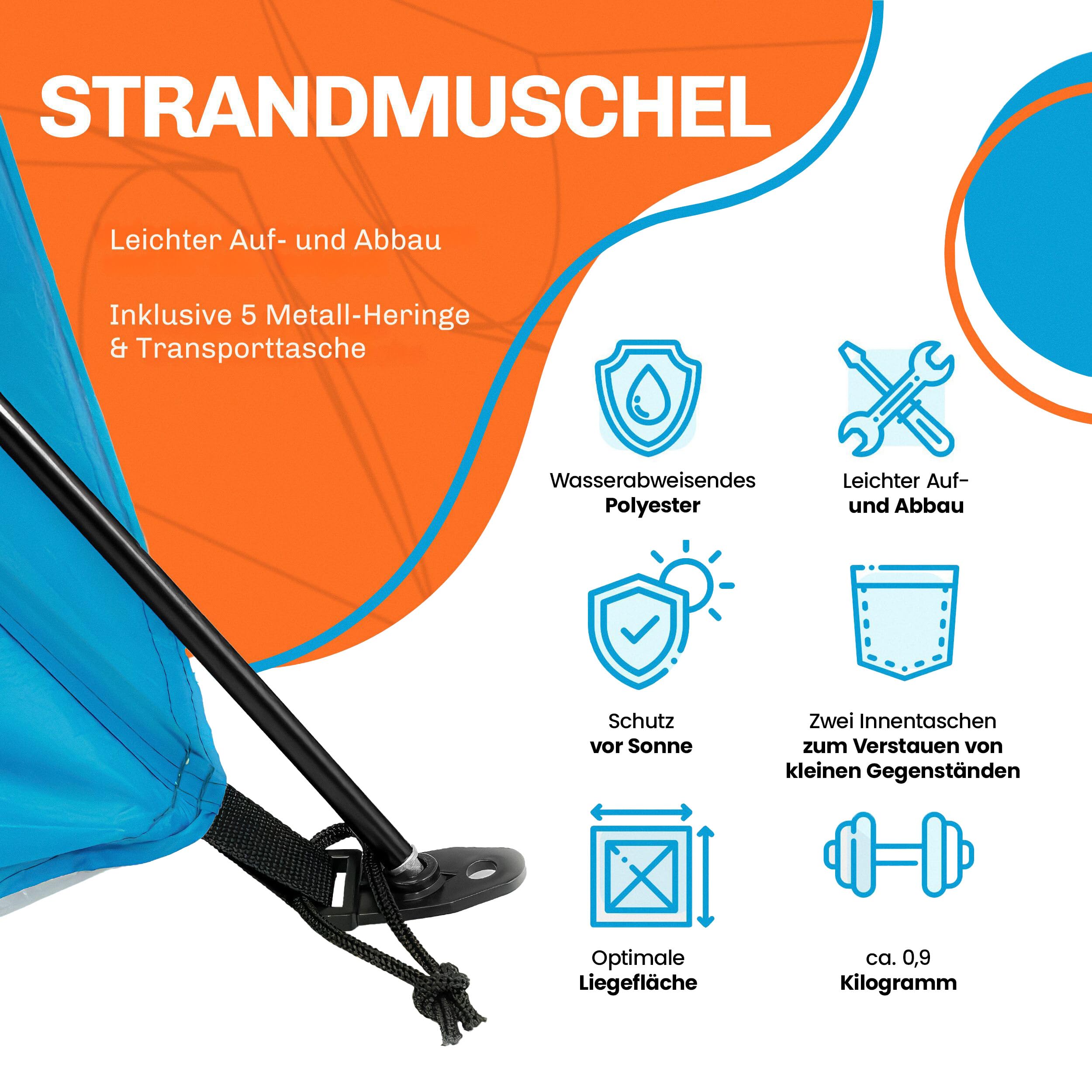Blumixx Pop Up Strandmuschel für 2–3 Personen – Windschutz & Sonnenschutz Strand Zelt, kompakt faltbar, leichtes Reise-Strandzelt, Strandzelt, UV-Schutz, 220x120x120 cm, Türkis