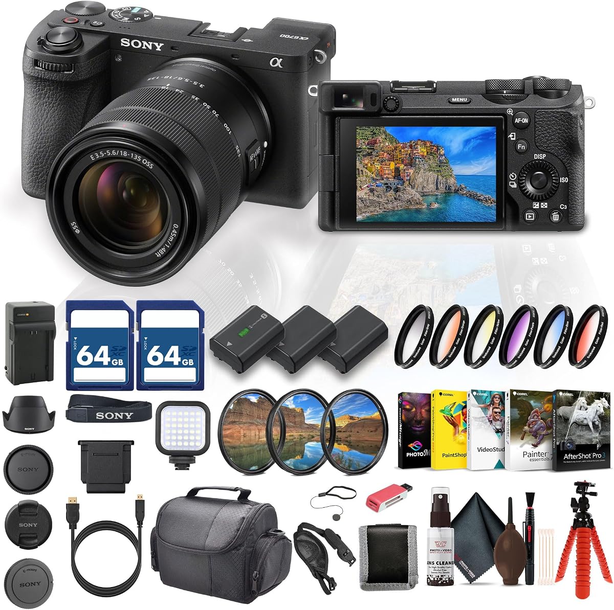 Cámara sin espejo Alpha a6700 con lente de 18-135 mm y paquete de batería | Para fotografía y vídeo | Enfoque automático de IA | Sensor APS-C de 26MP + 2x Tarjetas de Memoria de 64GB + 2x Baterías NP-FZ100 + Kit de Filtros