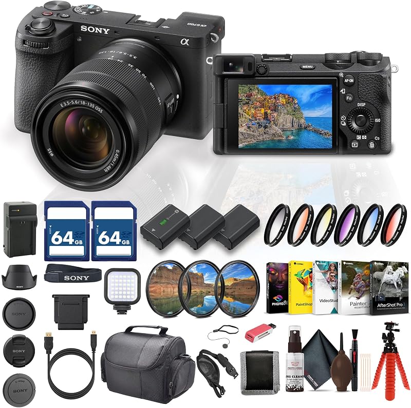 Cámara sin espejo Alpha a6700 con lente de 18-135 mm y paquete de batería | Para fotografía y vídeo | Enfoque automático de IA | Sensor APS-C de 26MP + 2x Tarjetas de Memoria de 64GB + 2x Baterías NP-FZ100 + Kit de Filtros