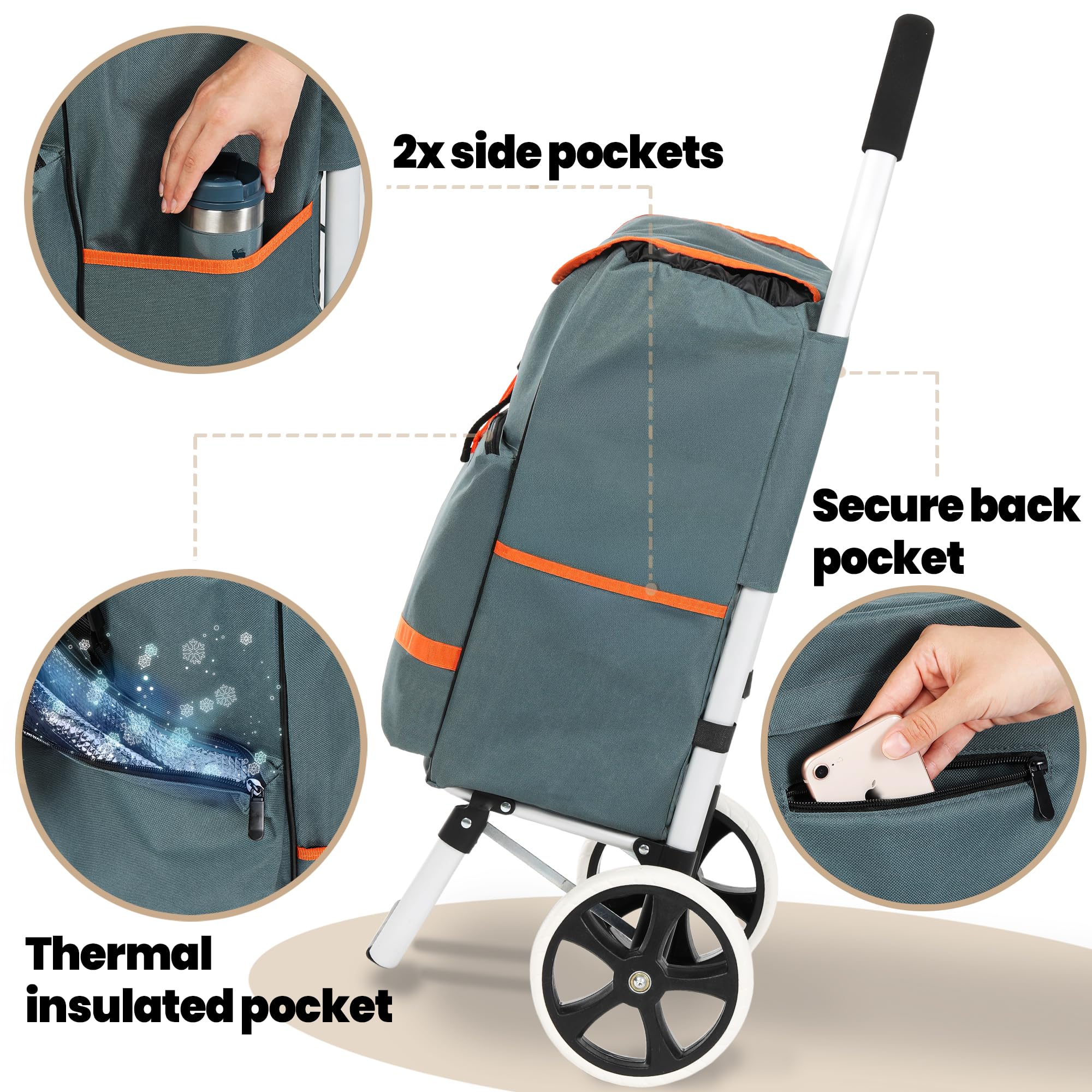 Eskey Trolley per la spesa con vano frigorifero, robusto trolley pieghevole, impermeabile, 50 l, grigio