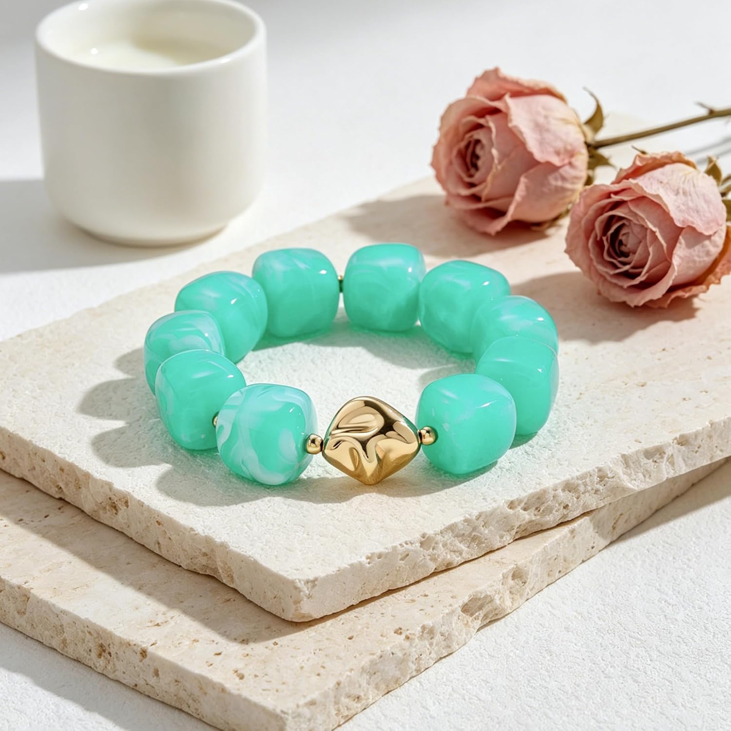 Chunky Beaded Bracelet for Women-Boho Bold Acrylic Resin Stretch Bracelets Trendy Summer Beach Elastic Bangle Vacation Jewelry Accessories