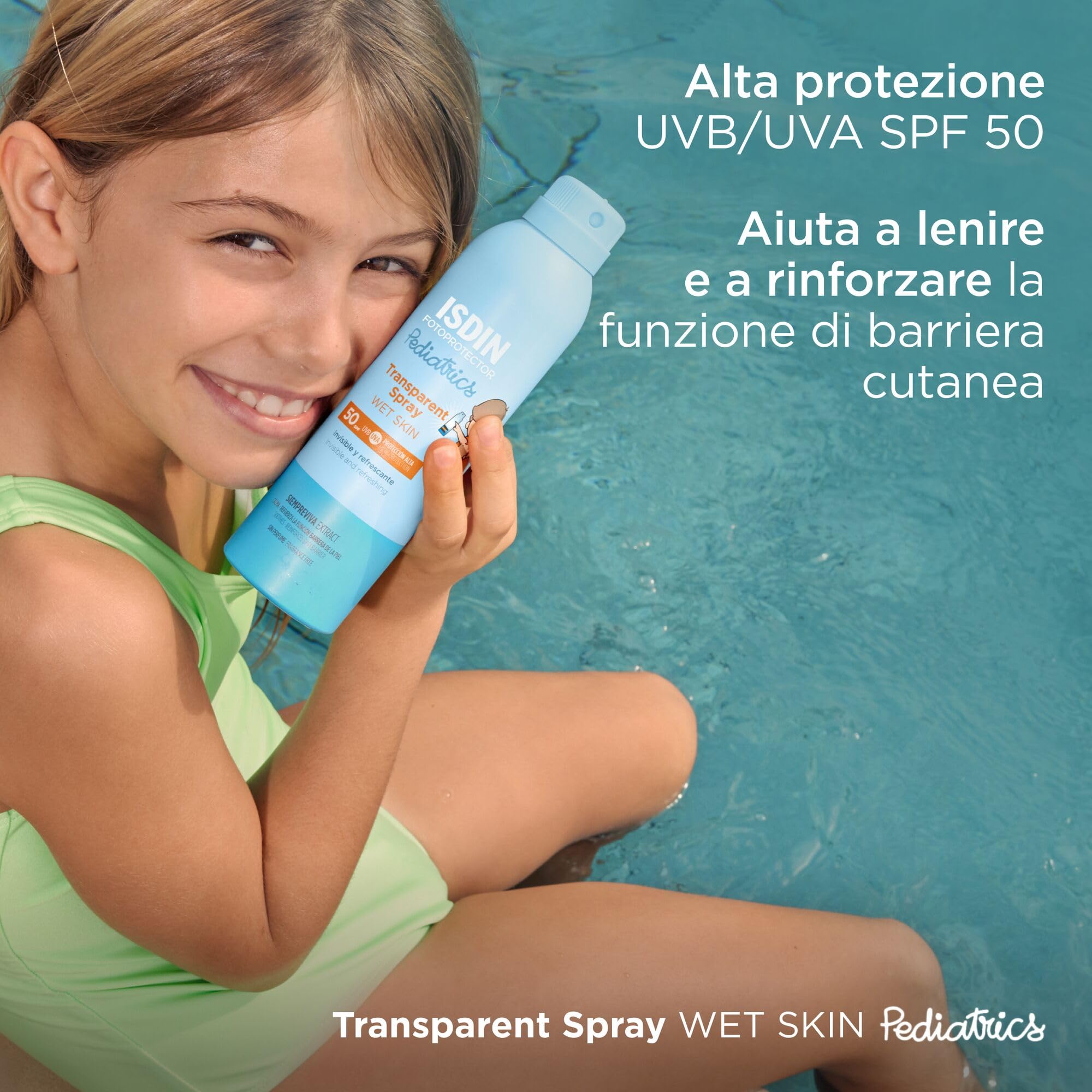 ISDIN Pediatrics Transparent Spray Wet Skin SPF 50 (250 ml) | Protezione Solare Spray per il Corpo per Bambini | Leggero e a Rapido Assorbimento