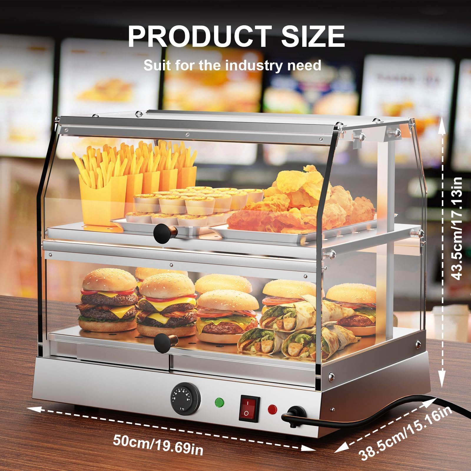 TAIMIKO Calientaplatos Comercial,Calentador de Alimentos de Acero Inoxidable de 2 Niveles para Pizza, Platos Calientes, bollería, mostradores, panaderías, restaurantes