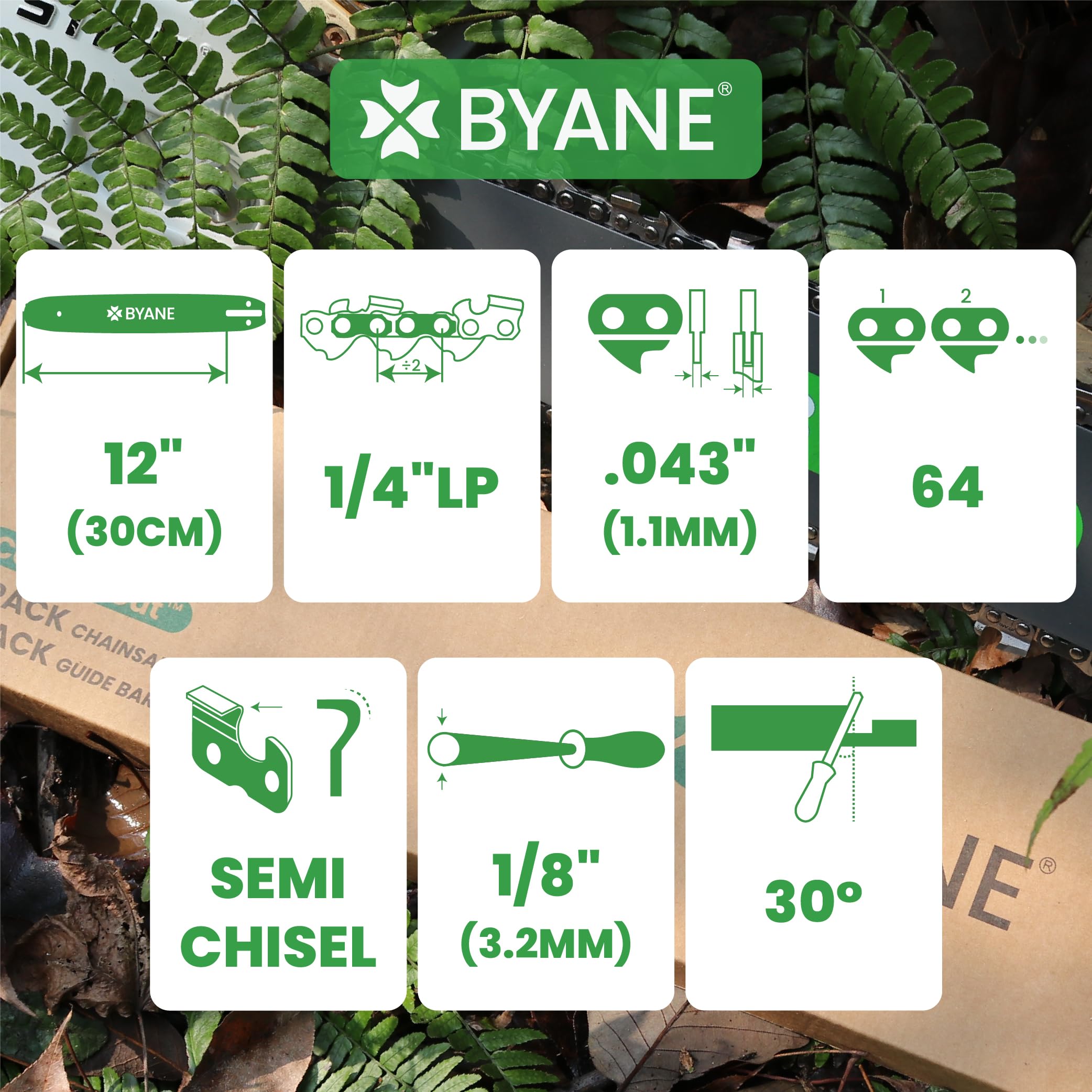 BYANE 3er-Pack Sägekette 30 cm (12 Zoll) 1/4"LP 1,1 mm (.043") 64TG | Mit Stihl 3670 000 0064, MSA 120 C-B, MSA 140 C-B, MSA 160 C-B, MSA 200 C-B, MS 150 T C, MS 150 T C-E, MS 151 T C-E