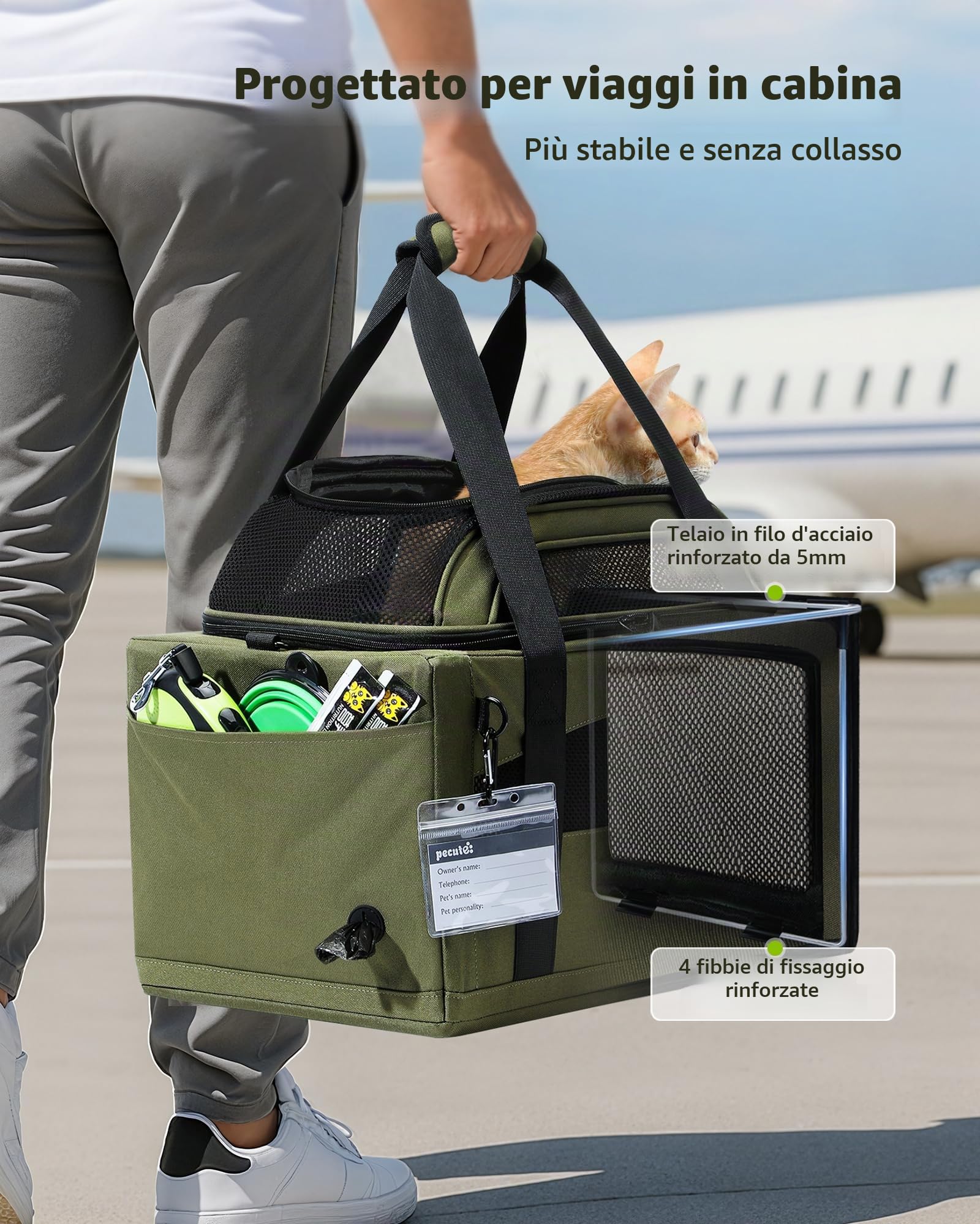 pecute Trasportino per gatti con tappetino impermeabile per pipì, borsa per gatti espandibile superiore e laterale, trasportino per cani extra stabile, borsa in tessuto a rete traspirante per animali