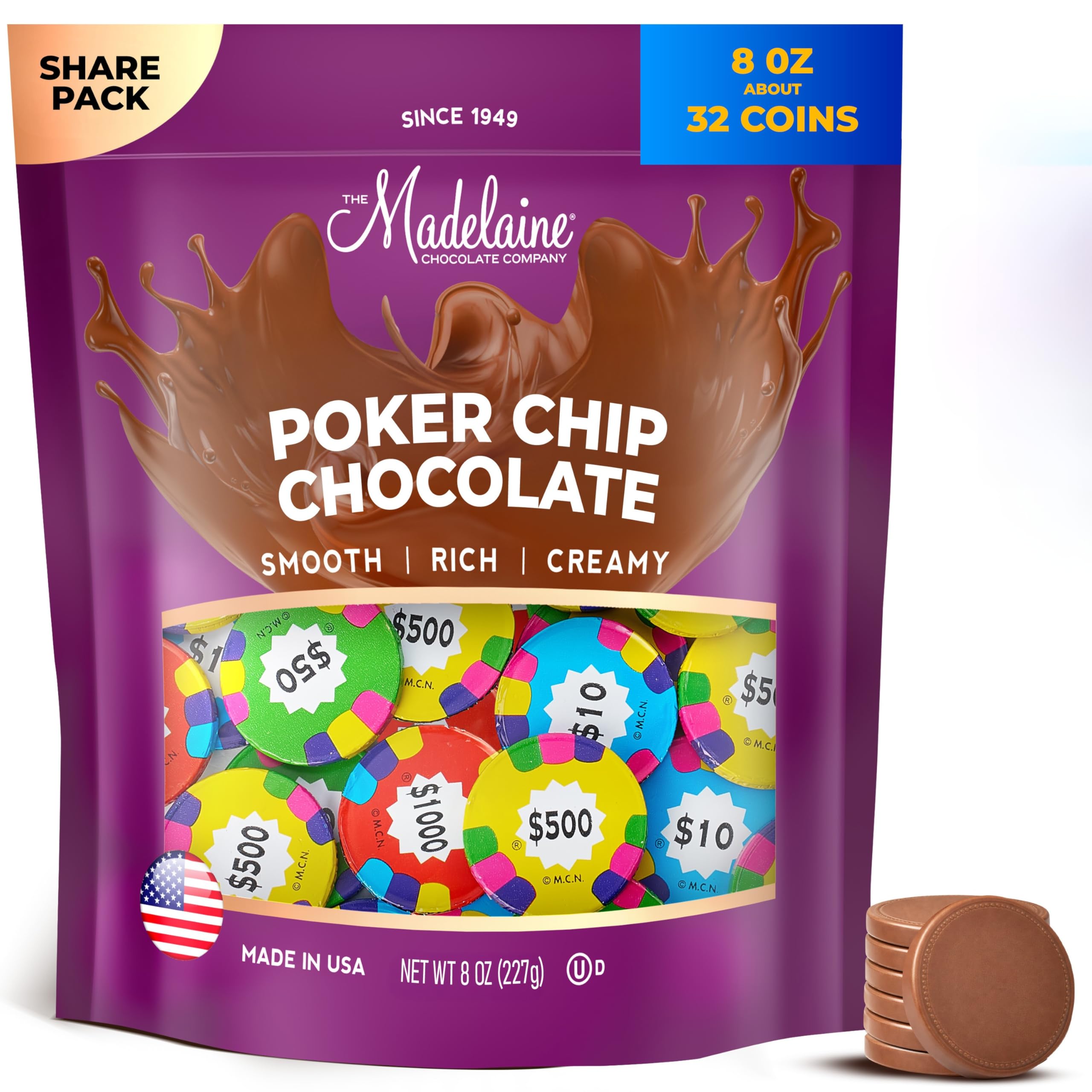 Madelaine Premium Milk Chocolate Casino Poker Chips (Assorted Coins, 1/2 LB)
