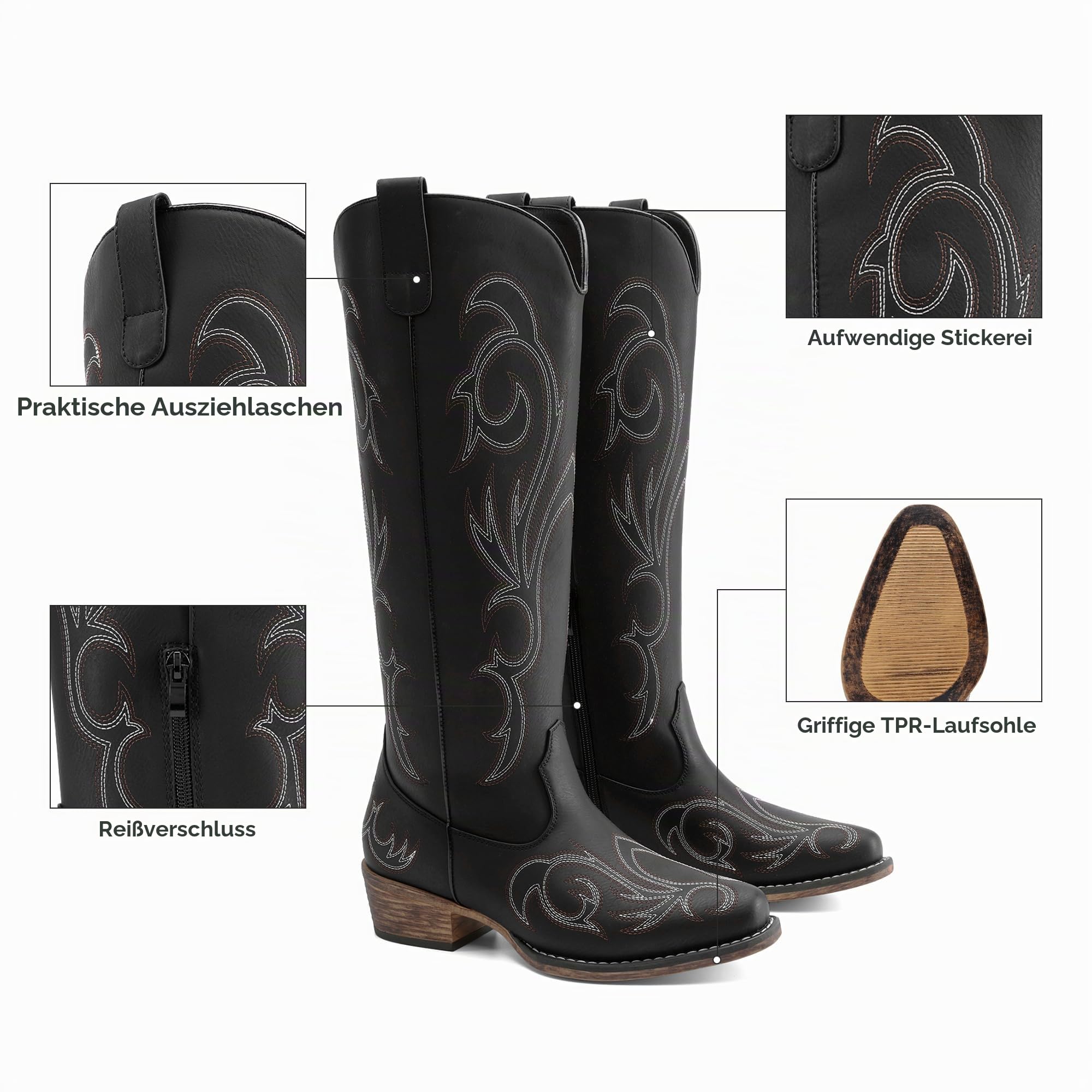 DREAM PAIRS Damen Kniehohe Westernstiefel Cowboy-Stiefel | Feine Stickerei, Halber Reißverschluss, Anziehlasche, Bequeme Decksohle, 4cm Absatz, Vielseitig & Mühelos Kombinierbar