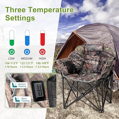 Miniatura 9 de Slsy Silla de campamento con calefacción de gran tamaño que calienta el respaldo y el asiento, silla de campamento portátil con 3 niveles de calor,