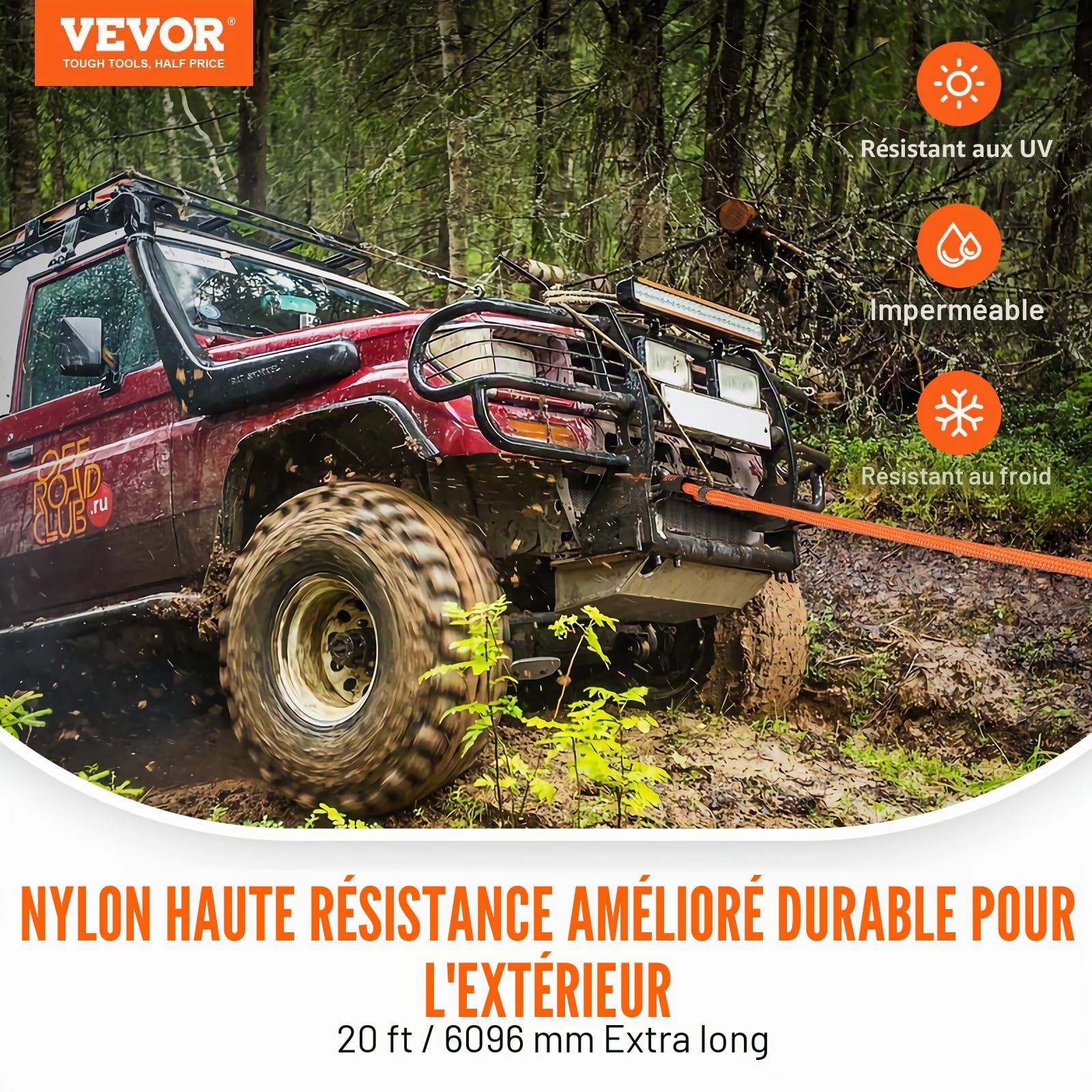 VEVOR Corde de remorquage de récupération cinétique, 22,225 mm x 6,1 m, Sangle d'arrachage Robuste Tout-Terrain, 13871 kg, énergie résistante à 30% d'élasticité pour Jeep Voiture Camion ATV UTV SUV