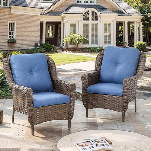 Juego de 2 sillas de mimbre para exteriores, sillas de comedor al aire libre con cojín grueso suave para patio, terraza, porche, jardín, patio