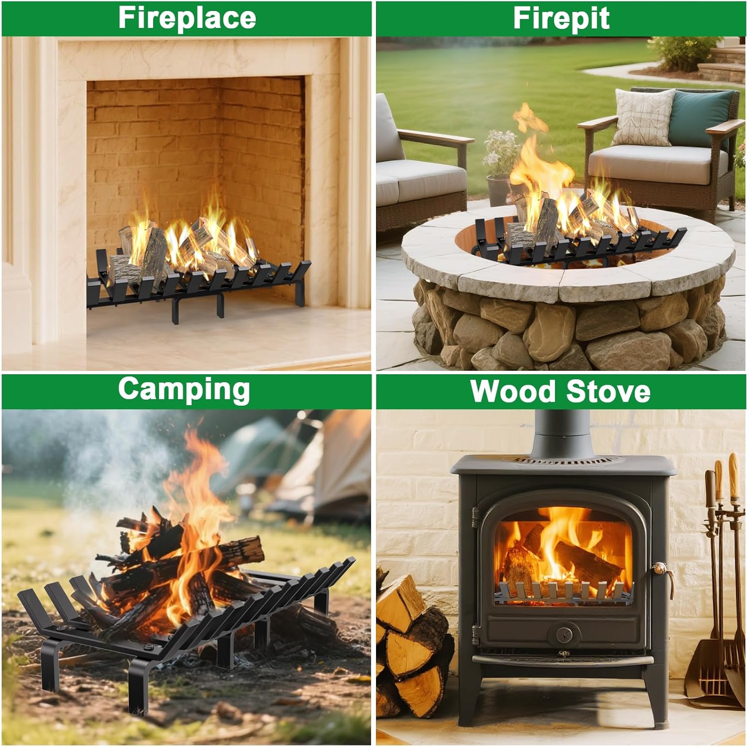 AMAGABELI GARDEN & HOME Fireplace Grates 24 Inch Heavy Duty 8 Legs Anit-sag Log Holder Wrought Cast Iron Firewood Burning Rack Solid Steel for Fire Pit Camping Kindling Tools Wood Stove Accessories