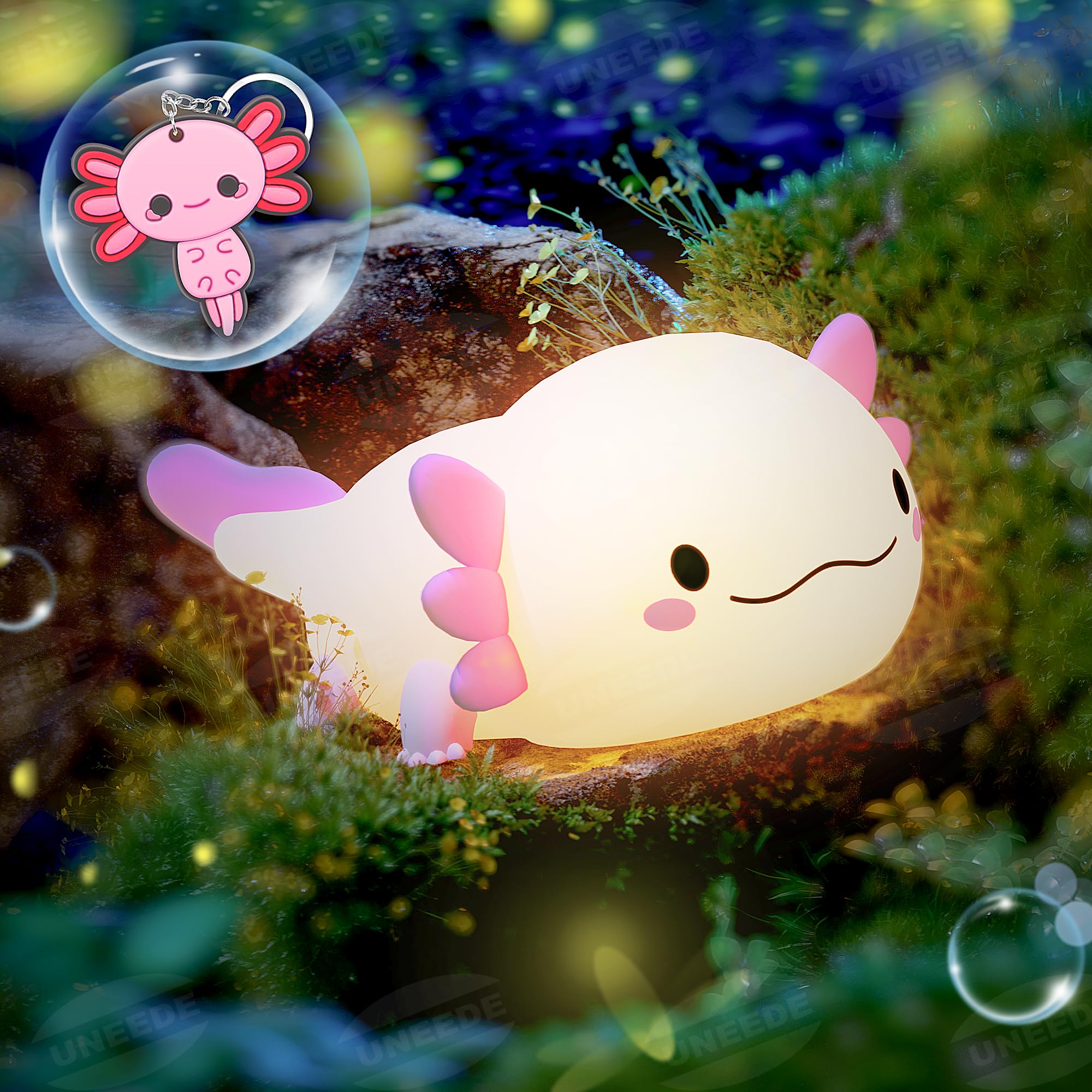 UNEEDE Axolotl - Luce notturna con portachiavi, luce notturna per bambini, luce da notte in silicone, lampada da comodino rosa Axolotl, ricaricabile, touch LED, dimmerabile, idea regalo per bambini e