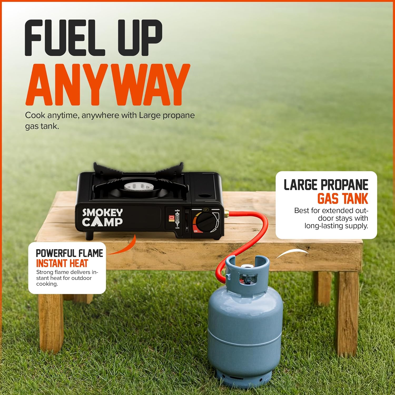 portable camping stove shown packed in plastic suitcase with accessories