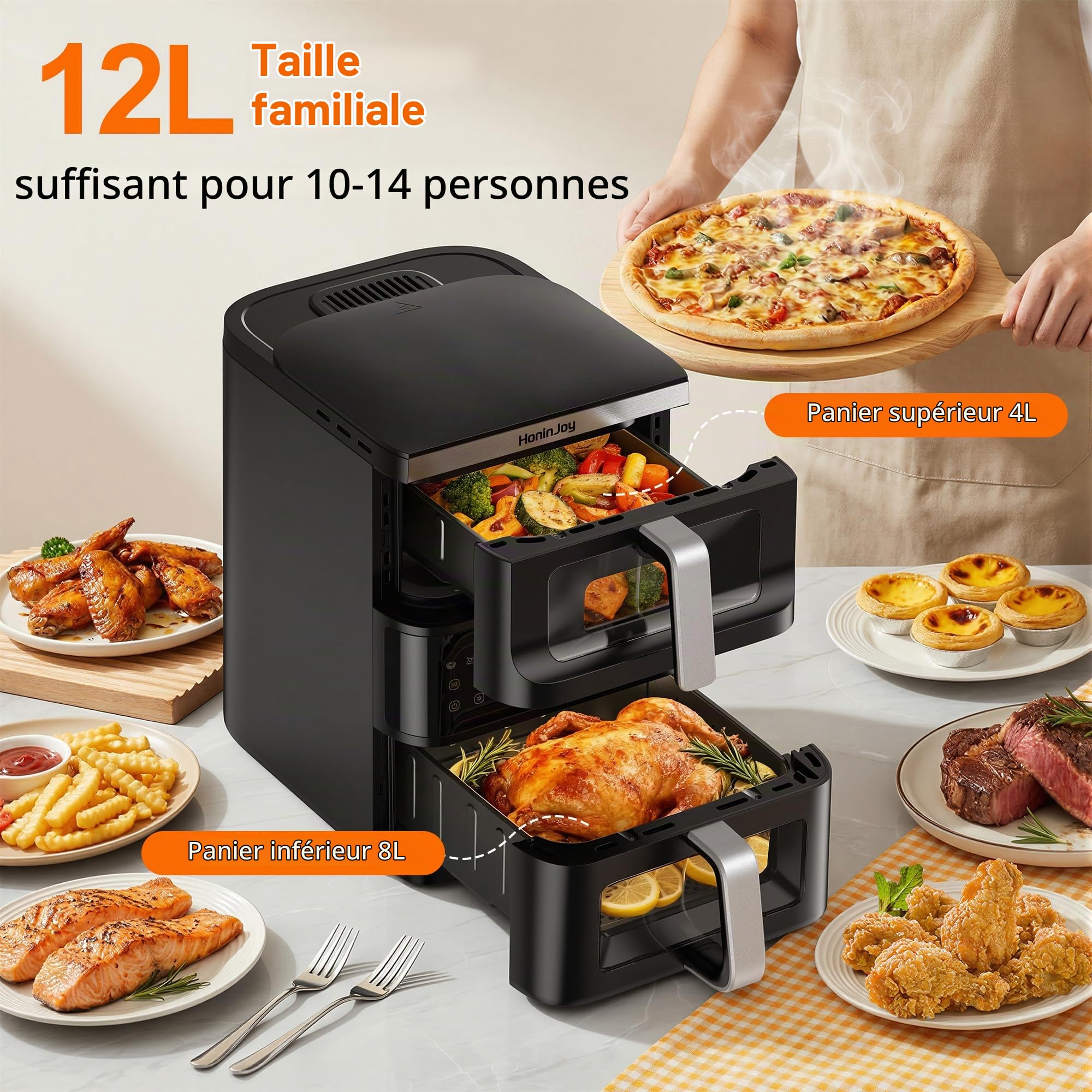 12L Air Fryer, Grand Double Compartiment Friteuse à Air Verticale Chaud Fenetre Visible 2 Tiroirs Écran tactile numérique 10-en-1Synchronisation Antiadhésif Lavable au Lave-vaisselle