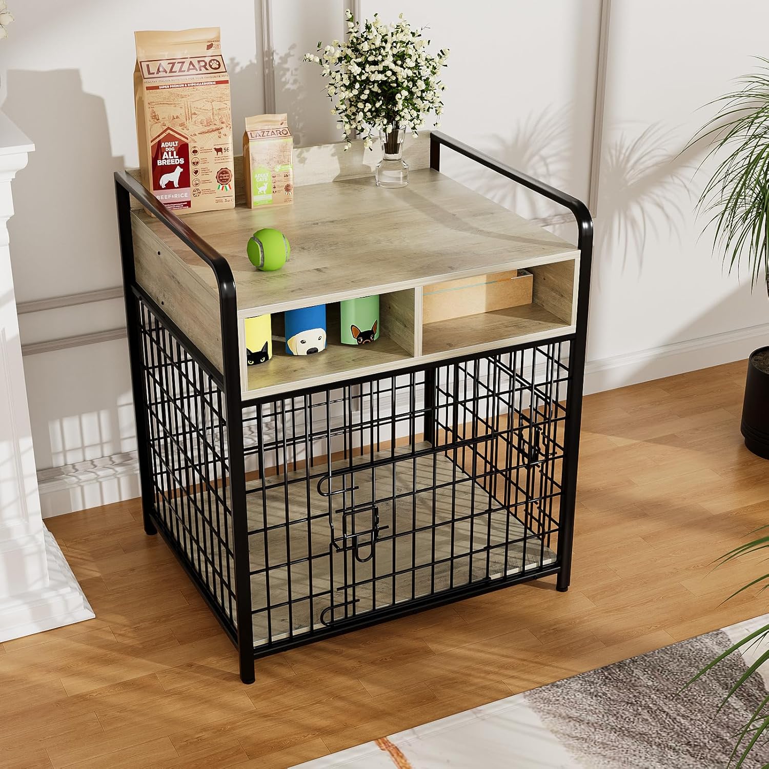 Kepptory Small Dog Crate Furniture with Drawers Storage, Puppy Dog Kennel Indoor with Double Doors, Heavy Duty Wooden Dog Cage Table, Sturdy Metal, Gray