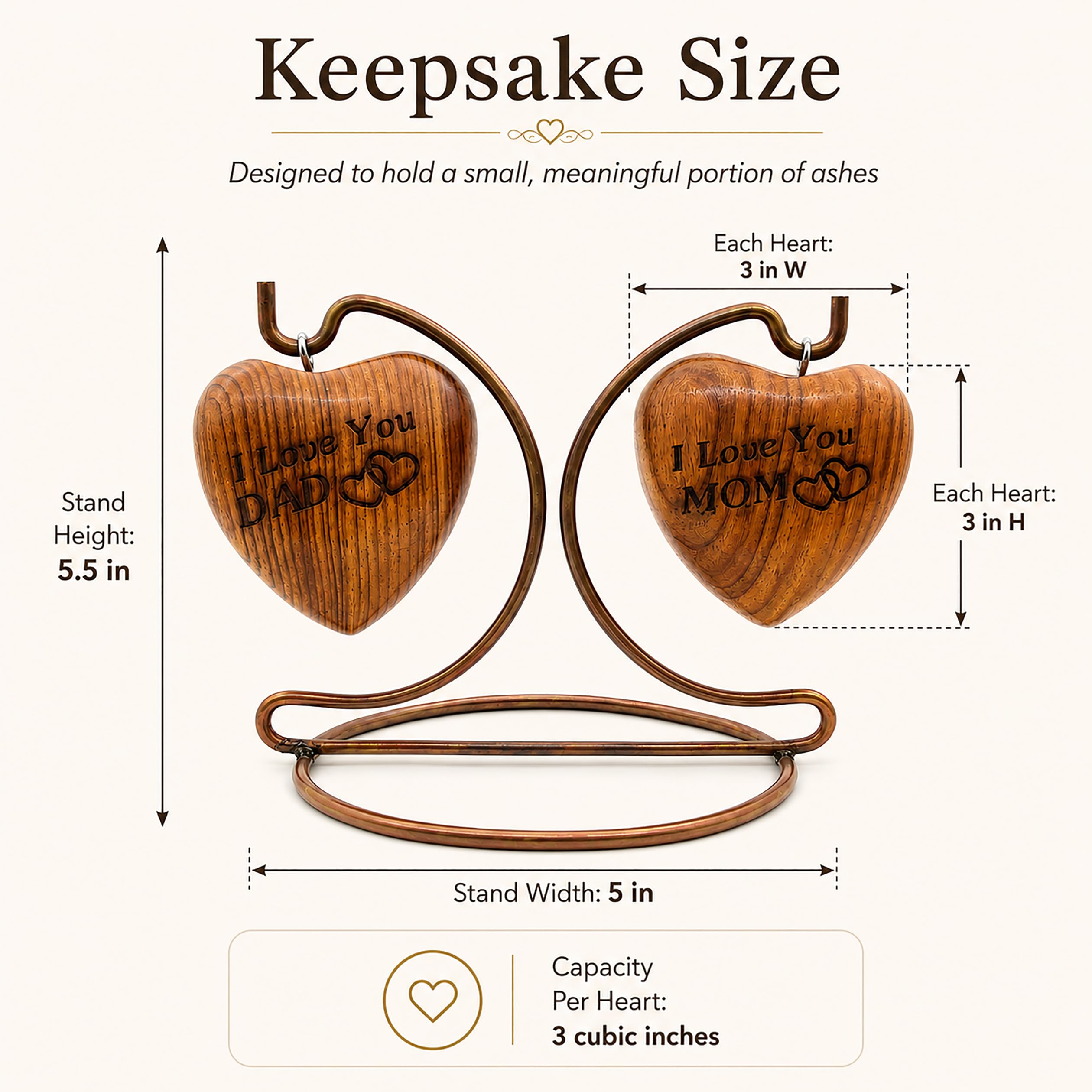 Urna de recuerdo de madera de doble corazón, pequeña urna de cremación hecha a mano para cenizas homenaje a tu mamá y papá, perfecta para tus seres queridos con soporte de exhibición con grabado "I