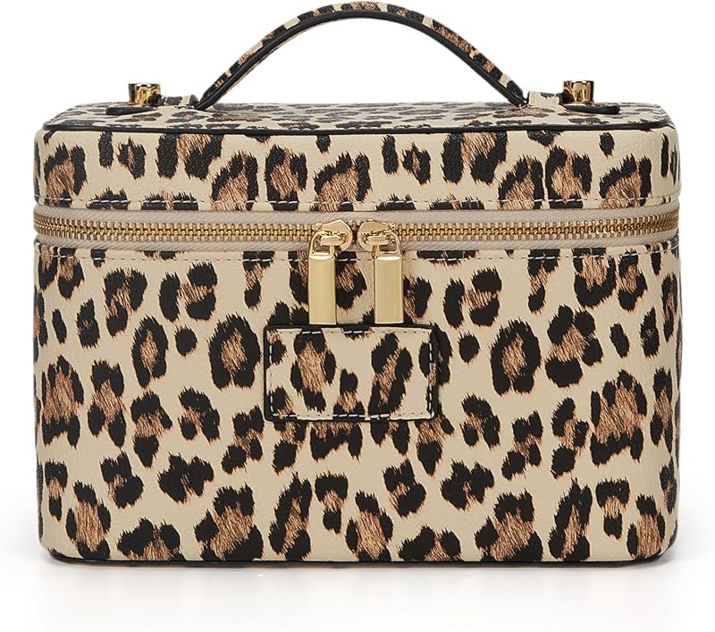 Necessaire de maquiagem HiTotes com estampa de leopardo, divisória removível e zíper