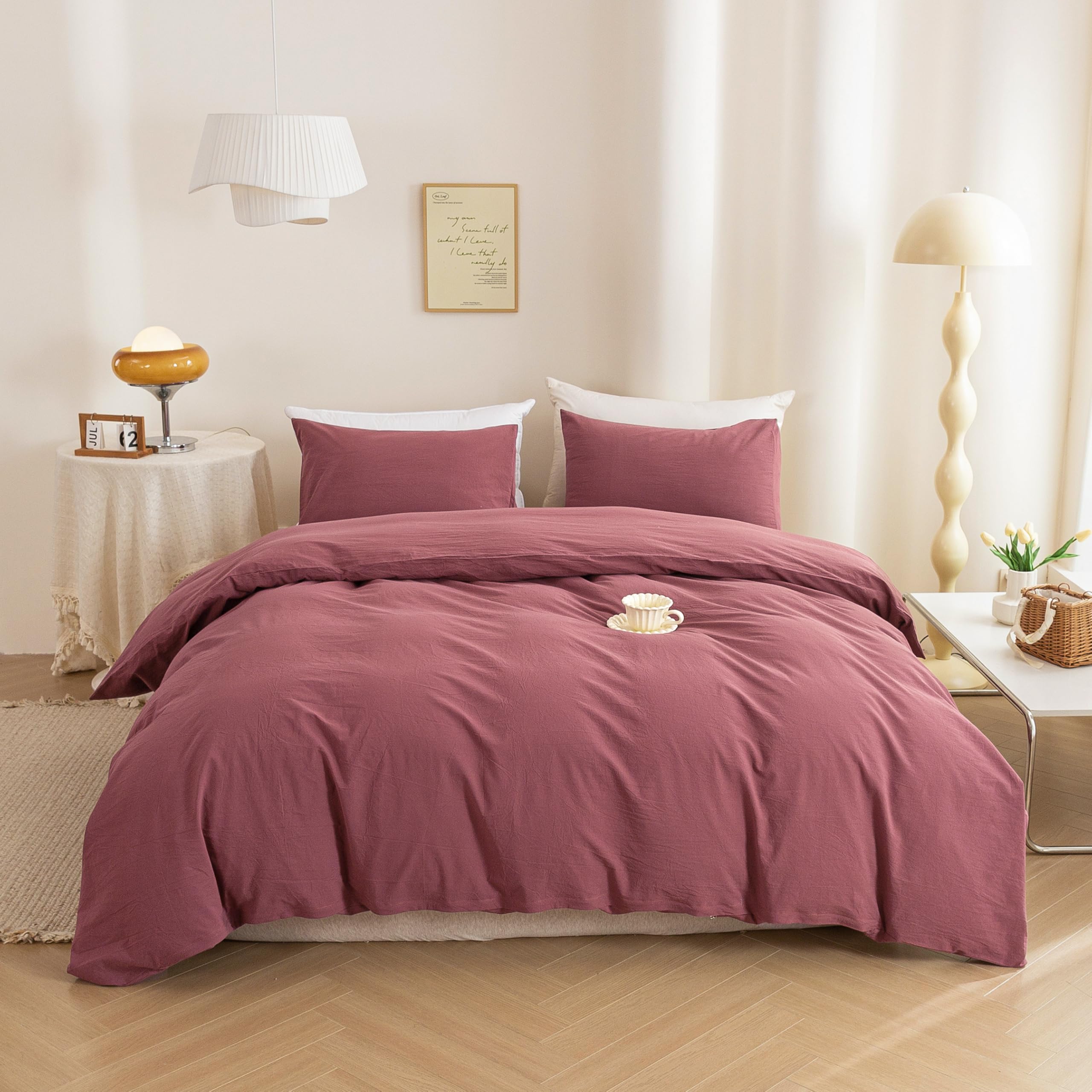 ECOCOTT Duvet Cover King Size, 100% Washed Cotton Linen Feel Comforter Cover - 3pcs Dusty Rose Bedding Set with Zipper Closure &amp; Corner Ties