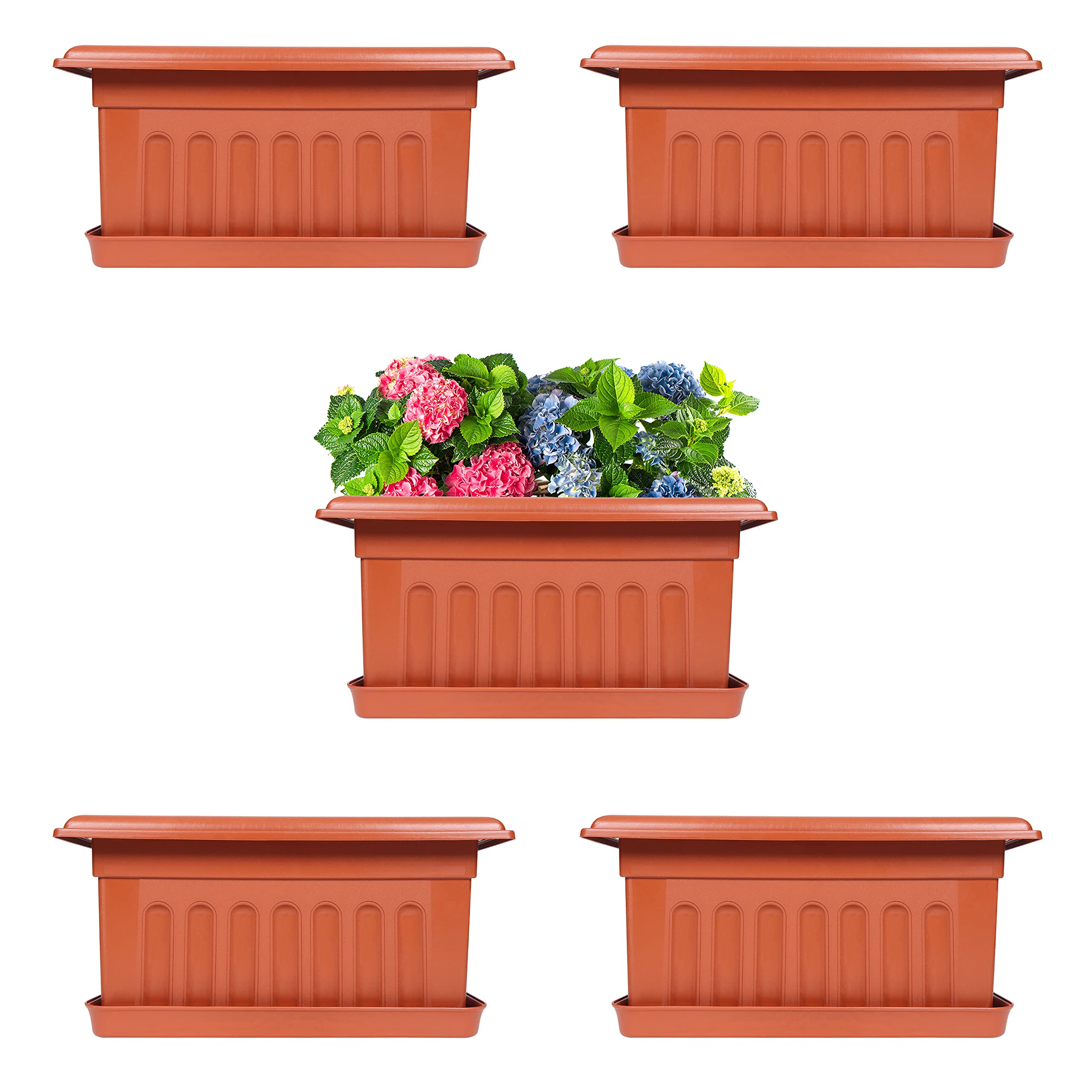 Livzing 14 Inch Plastic Rectangle Window Flower Pot with Drain Tray Set - Heavy Duty Highly Durable Plant Container Gamla for Indoor Home Decor & Outdoor Balcony Garden(Pack of 5, Terracotta) (B0992FV8WB) Amazon Price History, Amazon Price Tracker