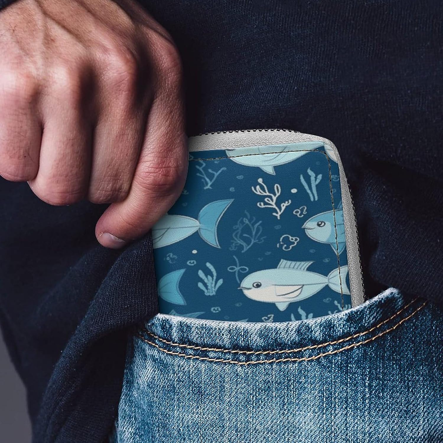 Cute Blue Fish Card Holder RFID Blocking,Credit Card Wallet for Women And Men,Card Case Organizer Bag with Zipper