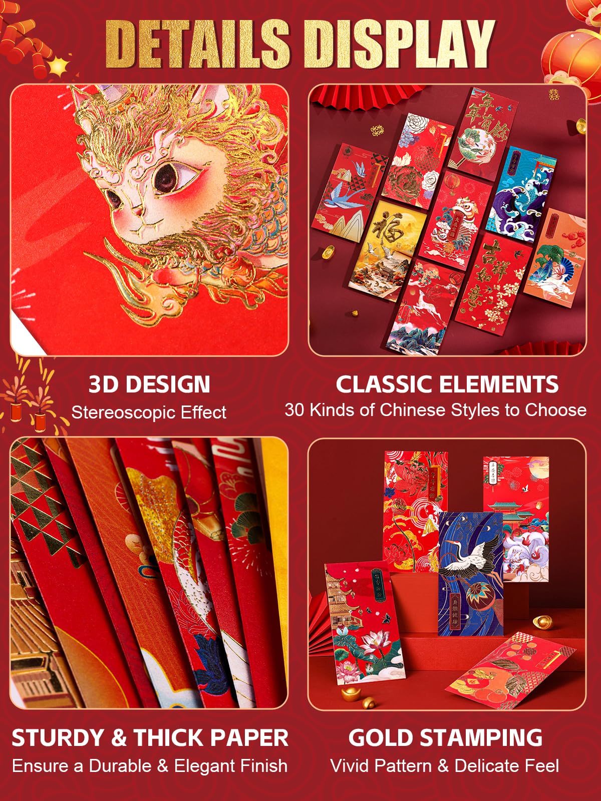 Lot de 60 enveloppes rouges porte-bonheur Hong Bao Nouvel An chinois motif bronze traditionnel