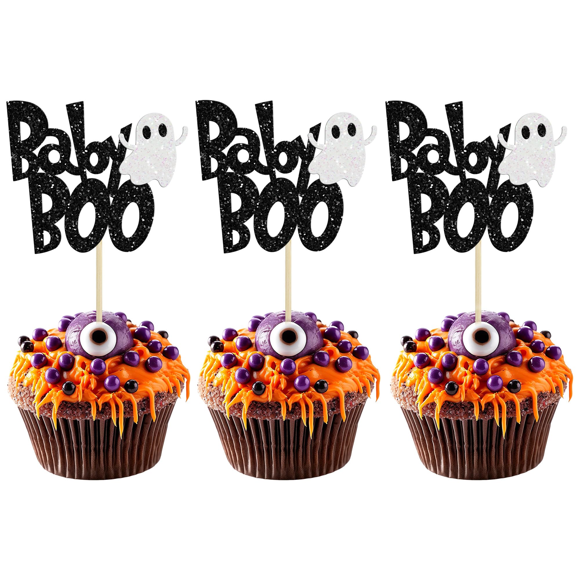 24Pcs Baby Boo Cupcake Toppers Black Glitter Spooky Little Boo Ghost Cupcake Picks for Halloween Theme Baby Shower Kids Boys Girls Birthday Party Cake Decorations Supplies
