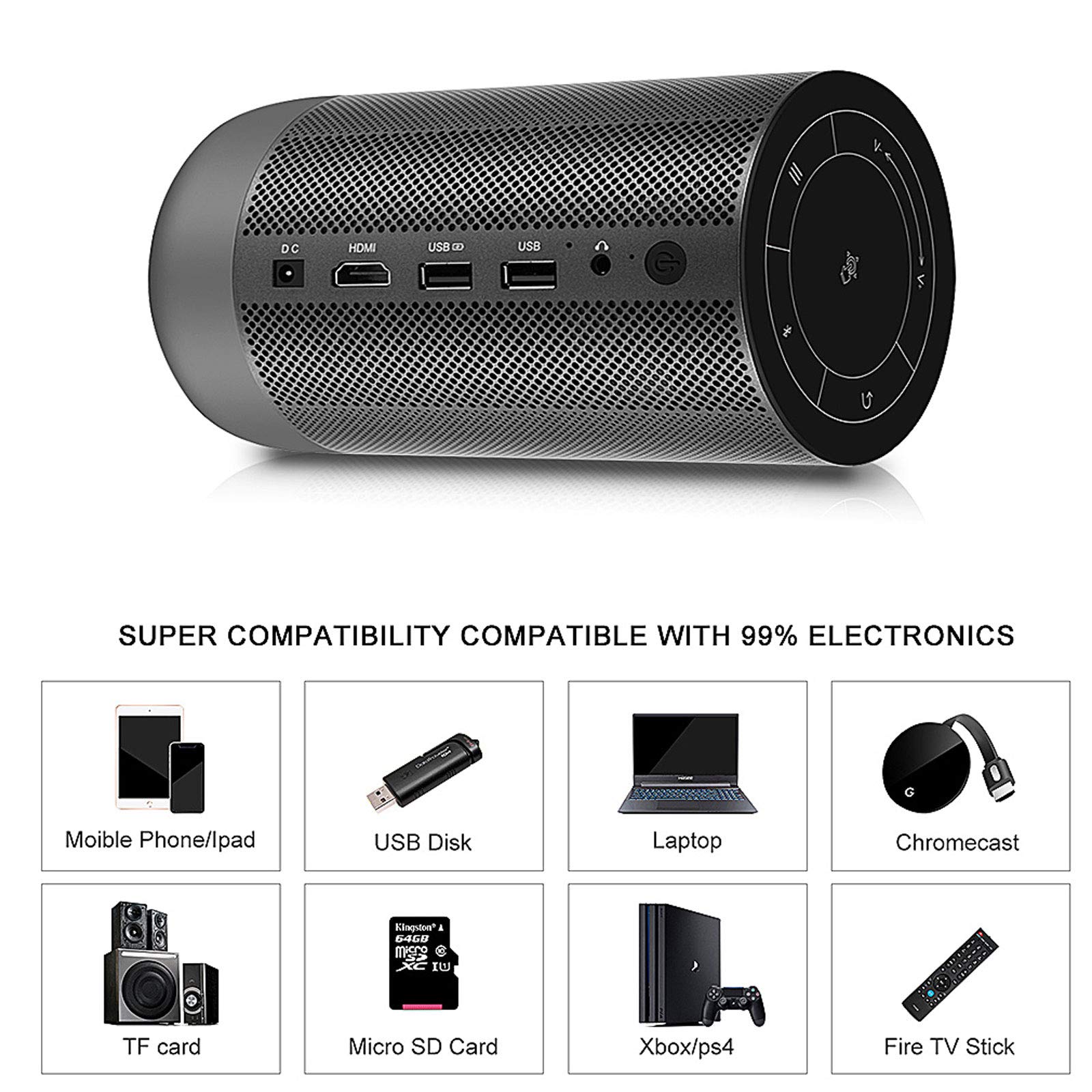 Mini Proiettore Portatile DLP, LED Videoproiettore Tascabile con Batteria, Luminosità Regolabile e Correzione Trapezoidale, Batteria Ricaricabile, Ampia Compatibilità
