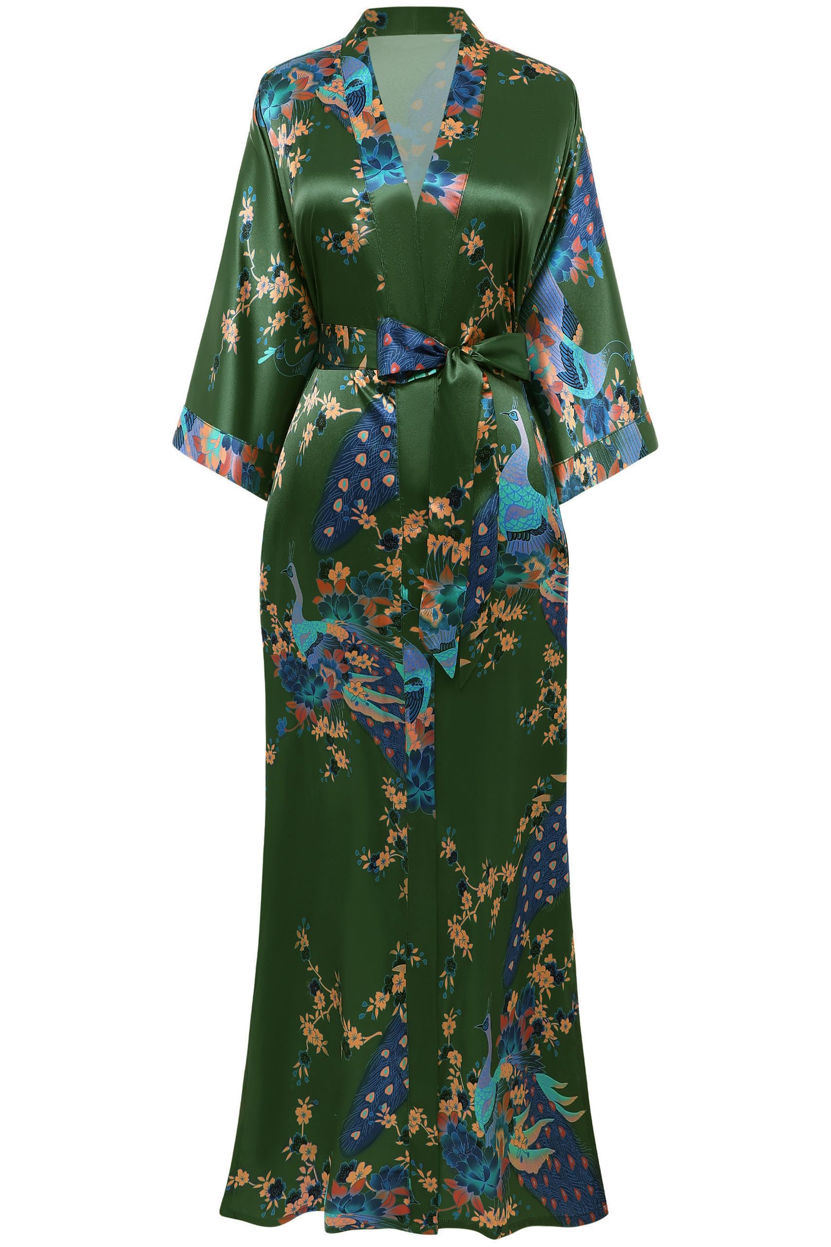 BABEYOND Women's Kimono Robe Long Satin Robes with Peacock and Blossoms Printed Kimono Nightgown