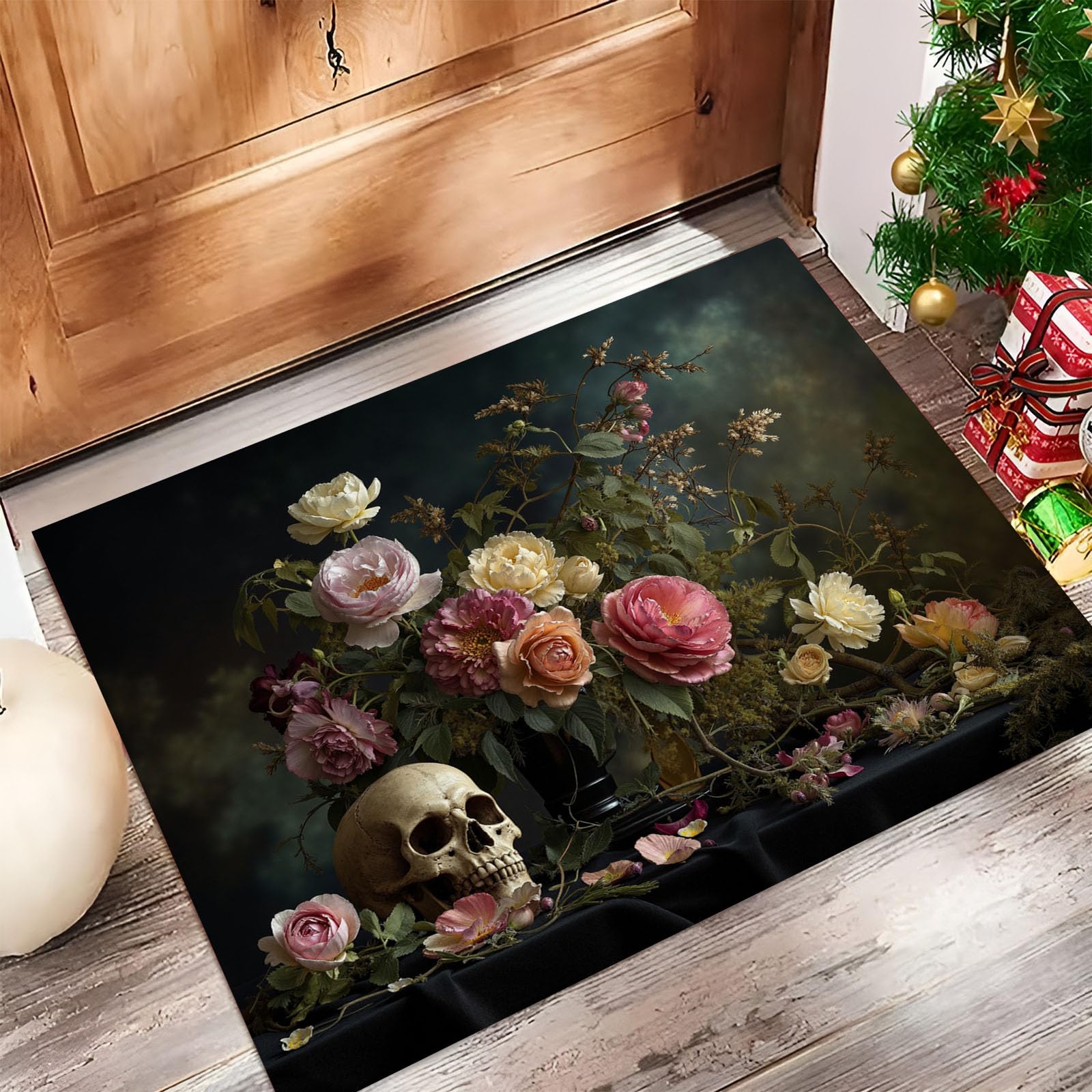 Alfombra interior de calavera gótica y flores, felpudo de entrada antideslizante de pelo corto