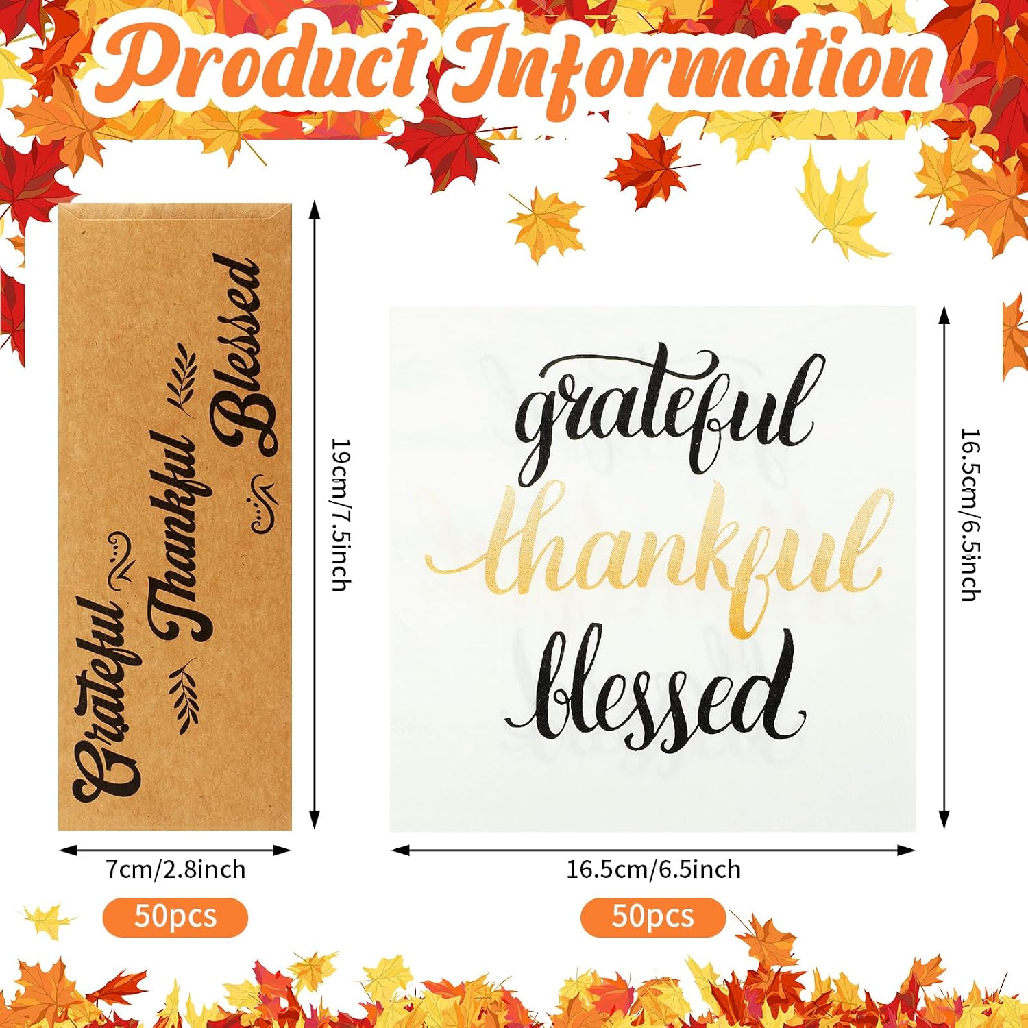 Colarr 100 Pcs Thanksgiving Fall Disposable Napkins Paper and Thankful Grateful Blessed Silverware Bags, Silverware Sleeves Cutlery Thanksgiving Utensil Holder for Dinner Table Decorations
