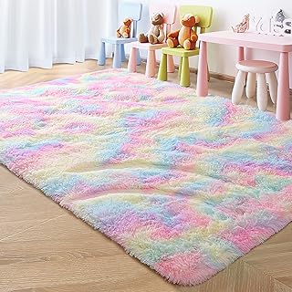 Foxmas Rainbow Rug for Girls Bedroom, 4x6 Feet Area Rug Tie Dye Rugs for Girls Room, Cool Rugs for Bedroom Aesthetic, Cute Rug for Kids Room Funky Rug, Fluffy Rugs for Living Room Soft Area Rug