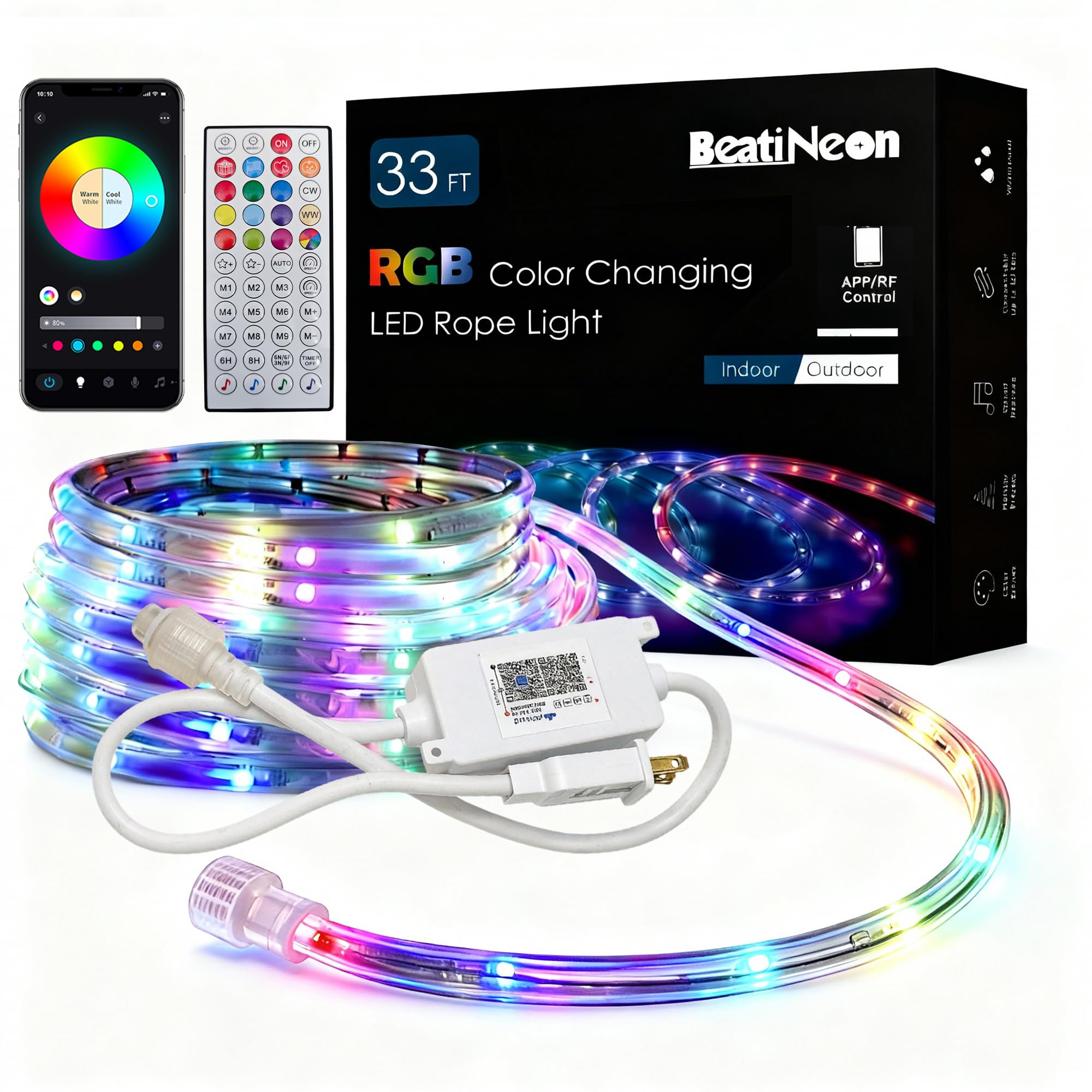 RGB LED Neon Rope Lights 33FT, APP Control, IP65 Waterproof for Patio