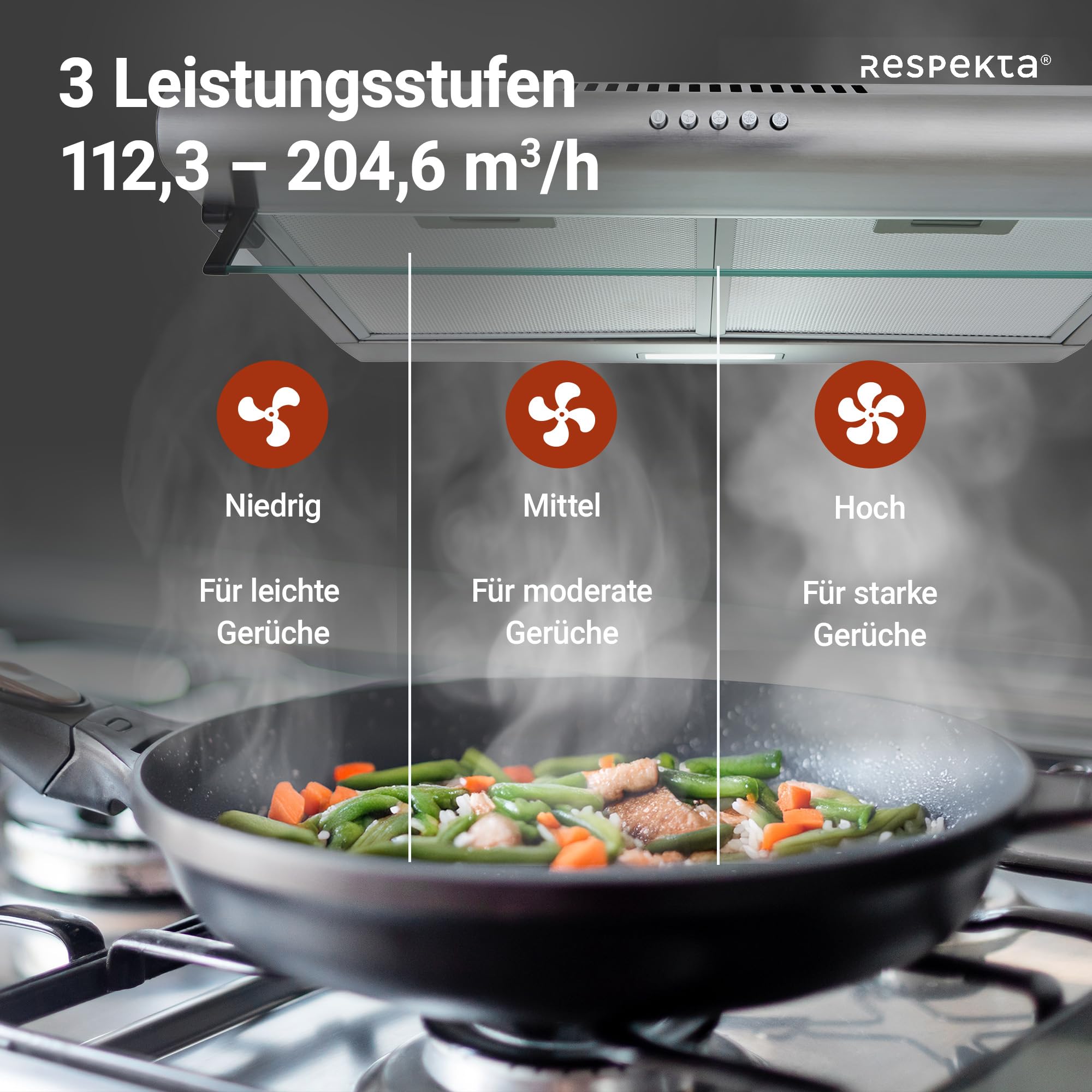 Respekta Dunstabzugshaube Unterbau 60 cm Edelstahl Glasschirm Abluft Umluft 45-61 dB CH1259IXCN