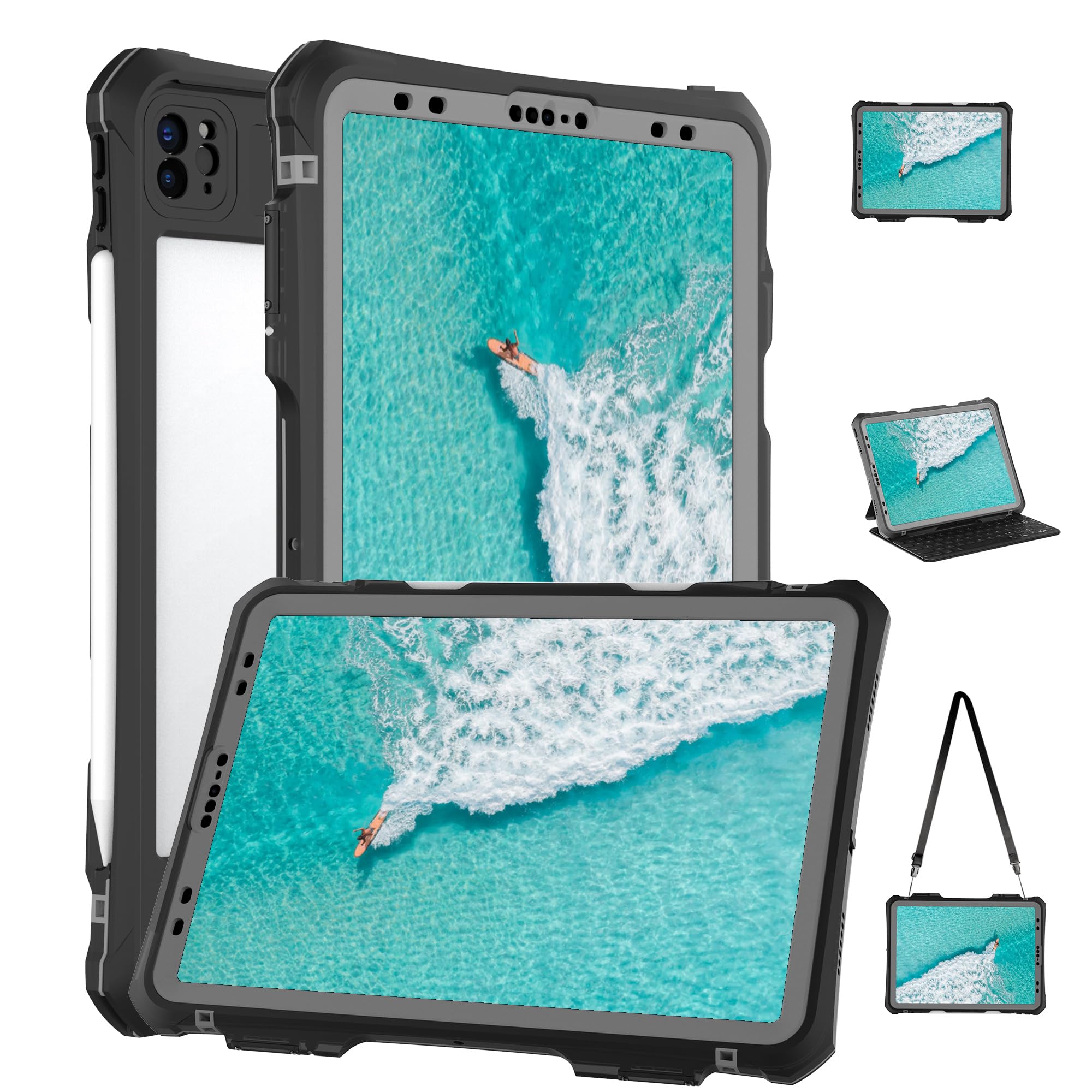 Djuiofdjafor iPad Pro 11 inch Waterproof Case 2022/2021/2020/2018(4th/3rd/2nd/1st),360 Protective Military Drop-Proof,with Strap Stand,Clear Screen Protector,Built-in Pencil Holder iPad pro 11 Cover